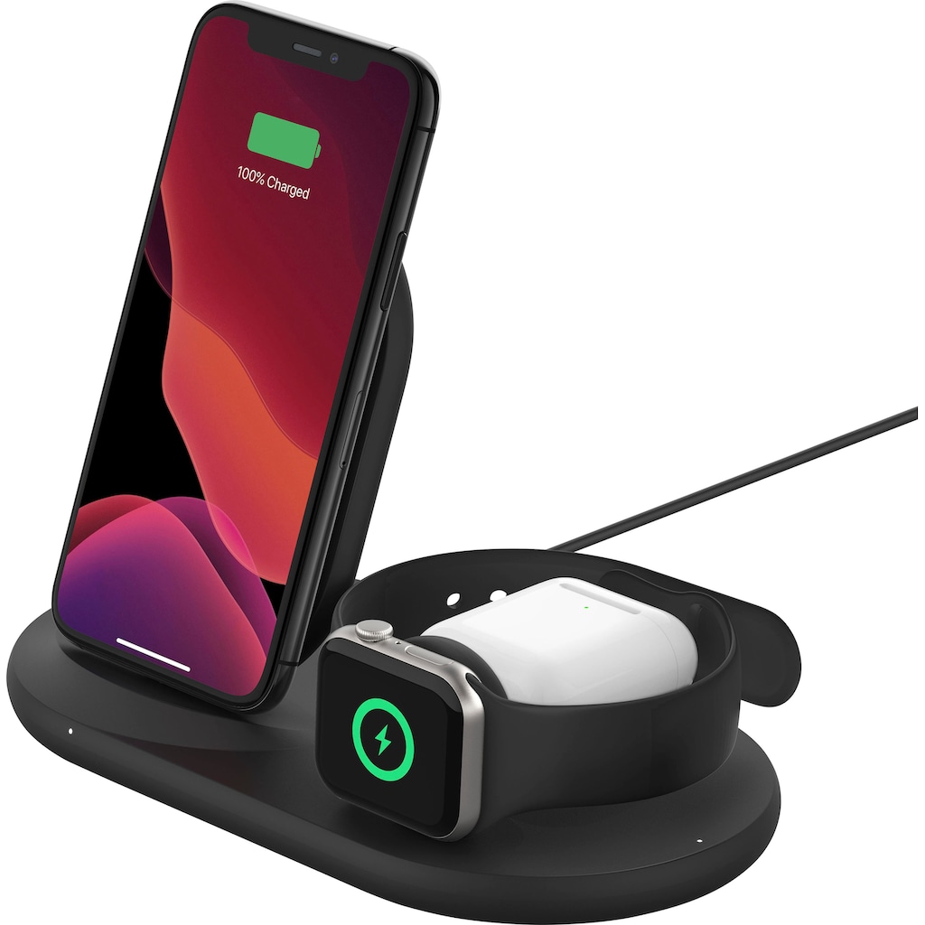 Belkin Wireless Charger »Belkin drahtloses 3-in-1 Ladegerät für iPhone, Apple Watch und AirPods«, (kompatibel für fast alle Apple iPhone, Apple Watch und AirPods)