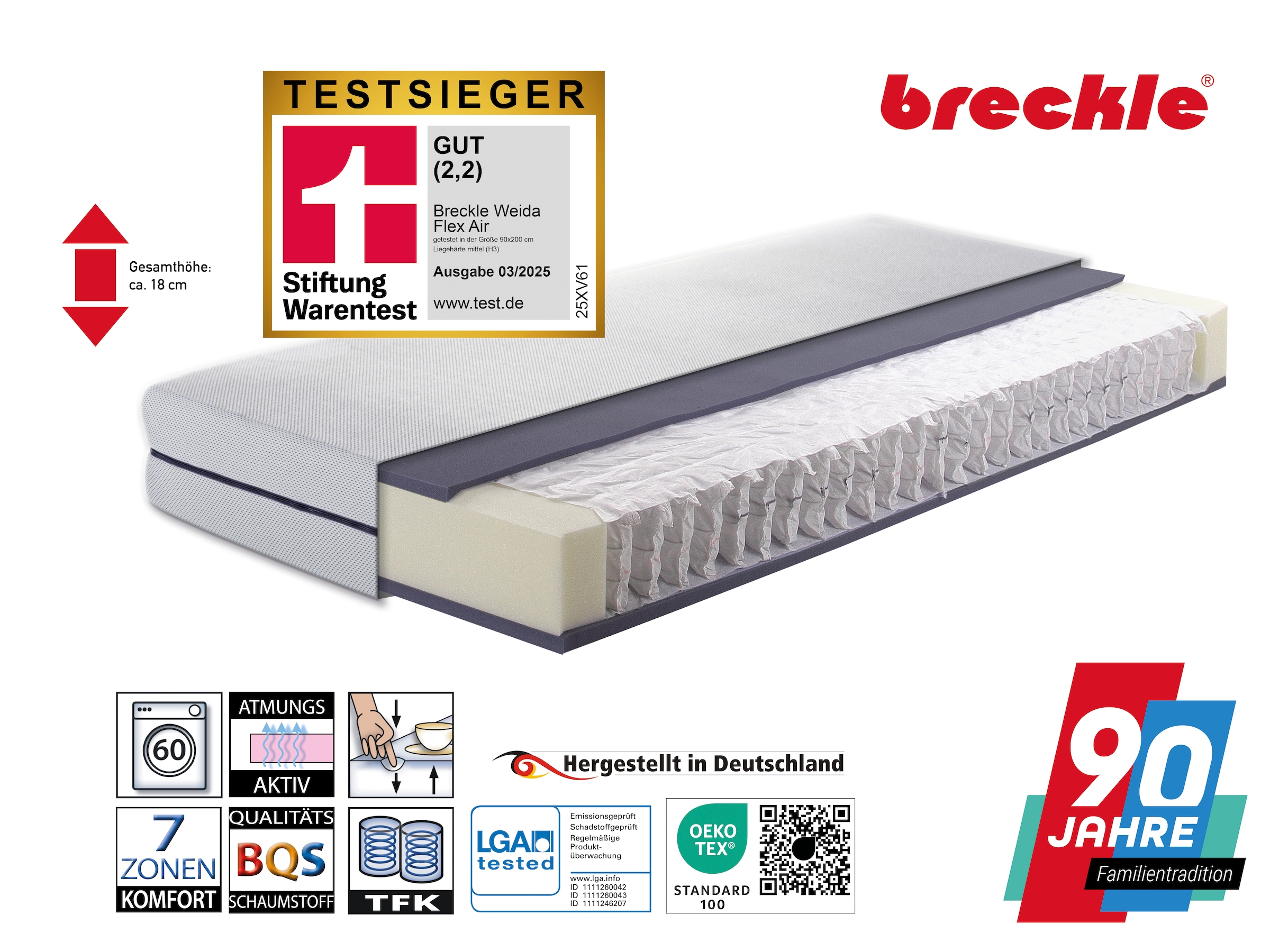 Breckle Taschenfederkernmatratze »Flex Air«, 19 cm hoch, Raumgewicht: 38 kg/m³, (1 St., 1-tlg.)