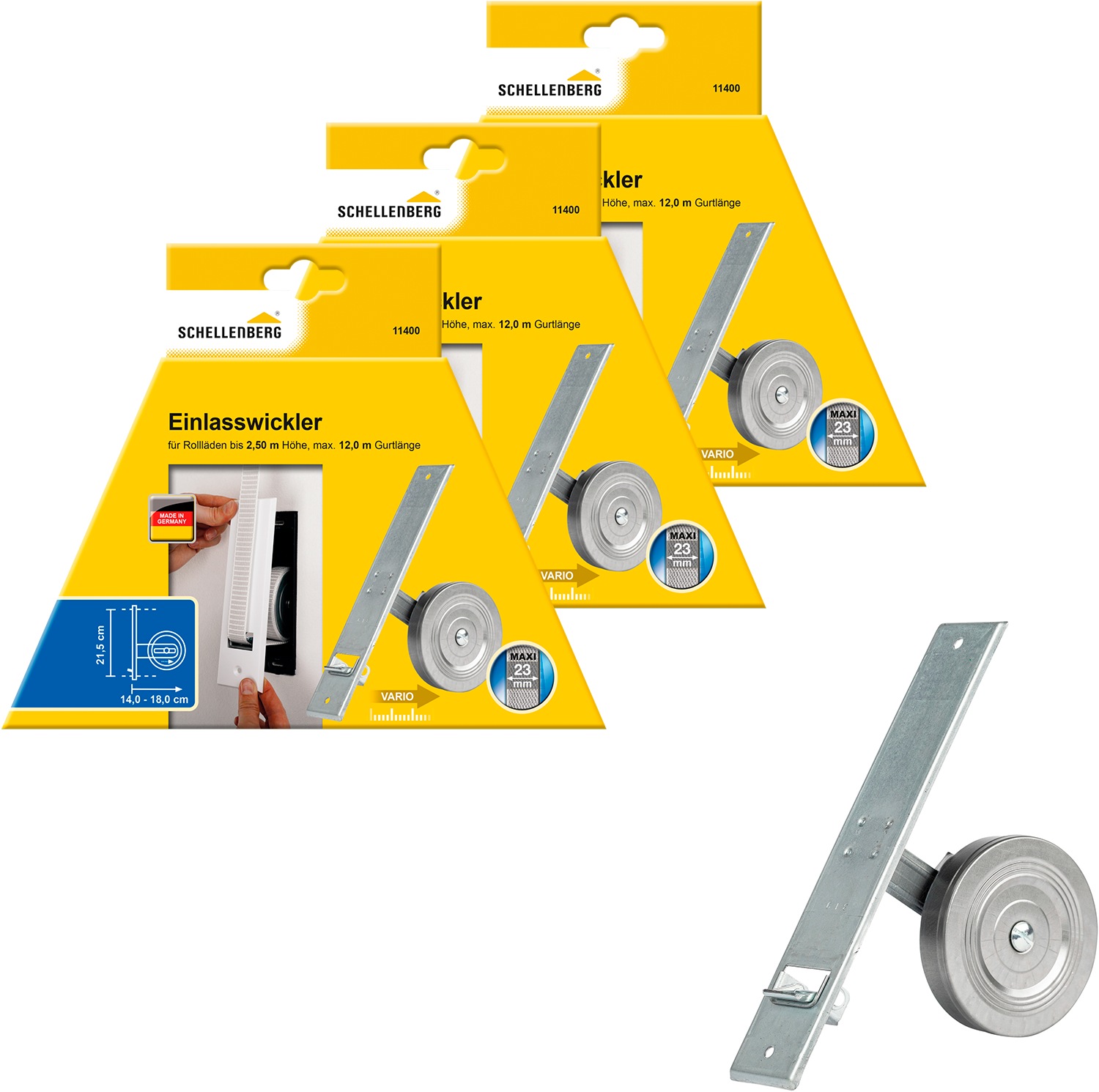 SCHELLENBERG Einlass-Gurtwickler "für das Rollladensystem Maxi, Lochabstand 21,5 cm, Unterputz-Montage", 3 Stk., silber, Gurtwickler, für