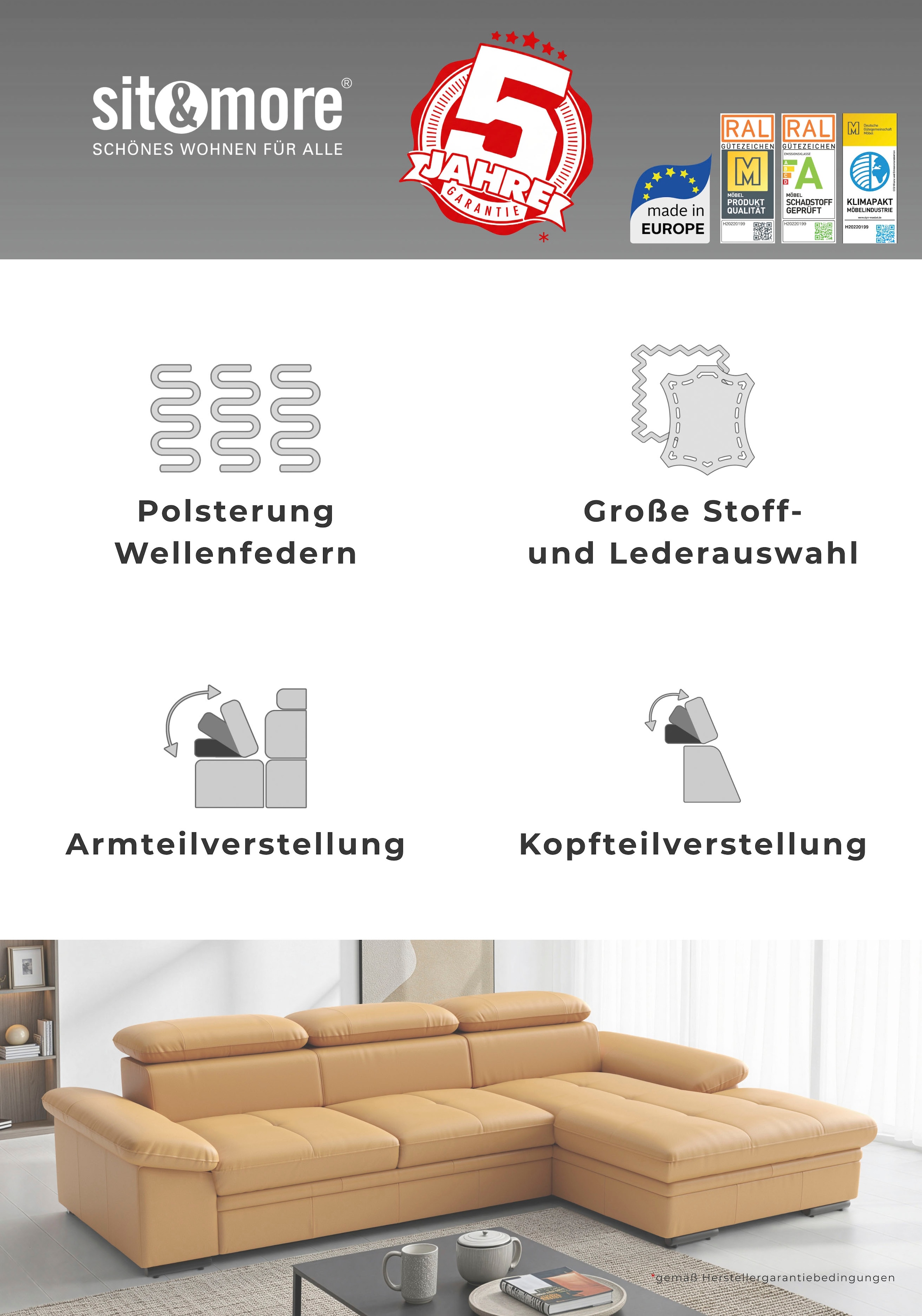 sit&more Ecksofa »Viola L-Form, B: 260 cm, Arm- & Kopfteilverstellung« optional Schlaffunktion, Sofa mit Komfortsitz in Leder