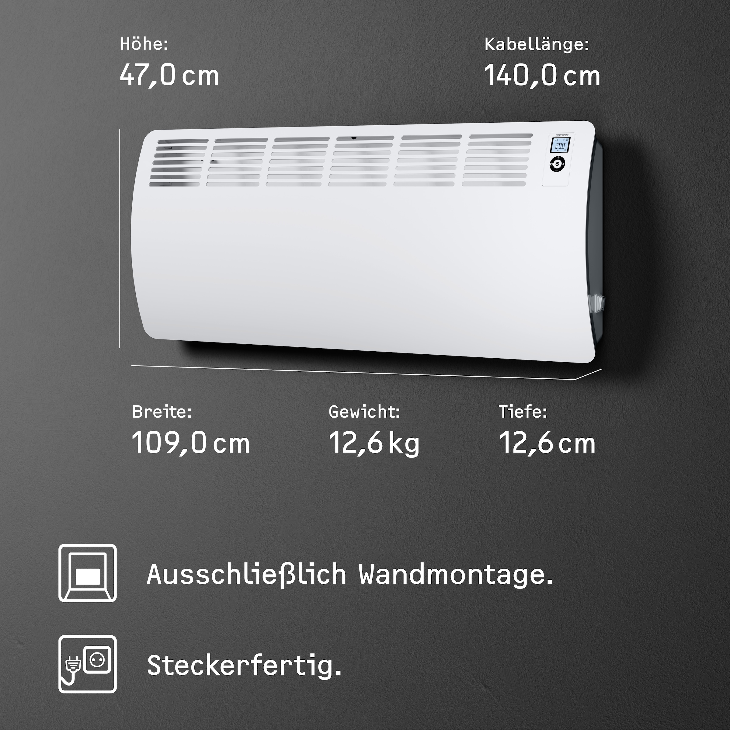 STIEBEL ELTRON Konvektor »»CON 30 Premium«, Wandkonvektor, energiesparend, VDE geprüft, 3 kW«, für ca. 35 m², LC-Display, Wochen-/120 Min-Kurzzeittimer, Silent Mode