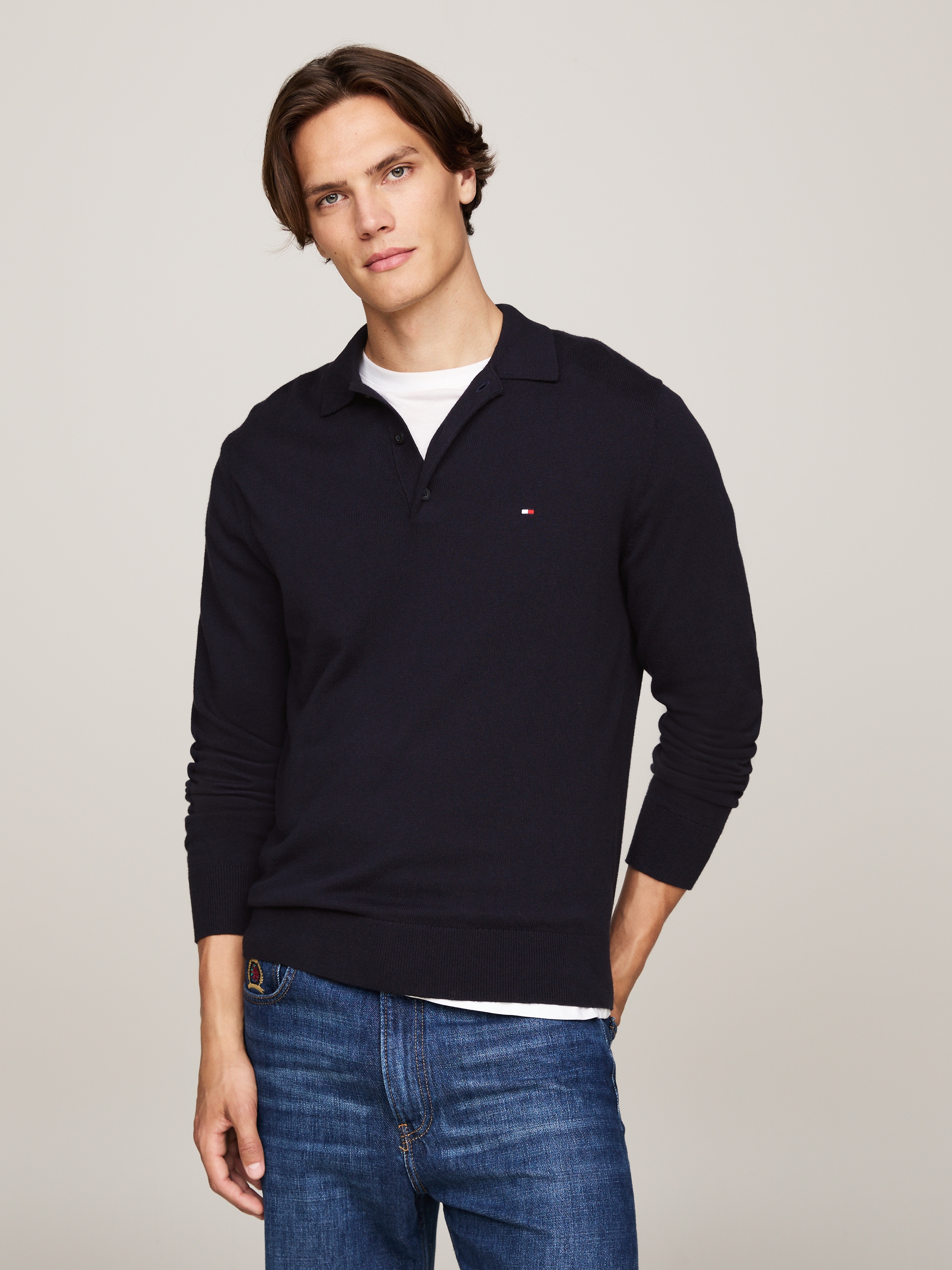 Tommy Hilfiger Polokragenpullover "PIMA ORG CTN CASHMERE LS POLO", Flag-Stickerei auf Brust