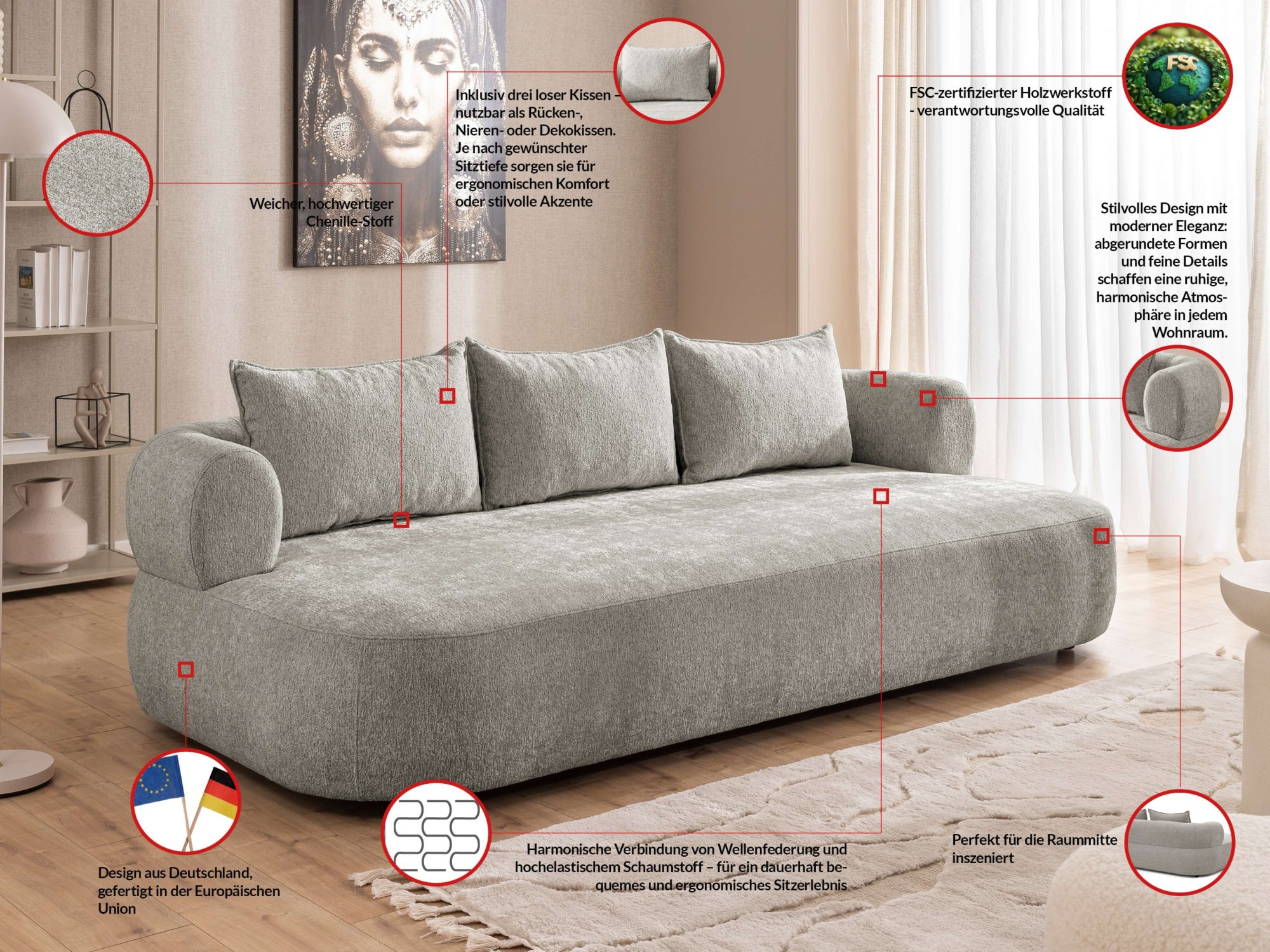Thumbnail - Home affaire Big-Sofa "LUSSAC 4-Sitzer Design-Sofa mit Zierkissen, Maße B/T/H: 242/123/78 cm" hoher Sitzkomfort und mode...