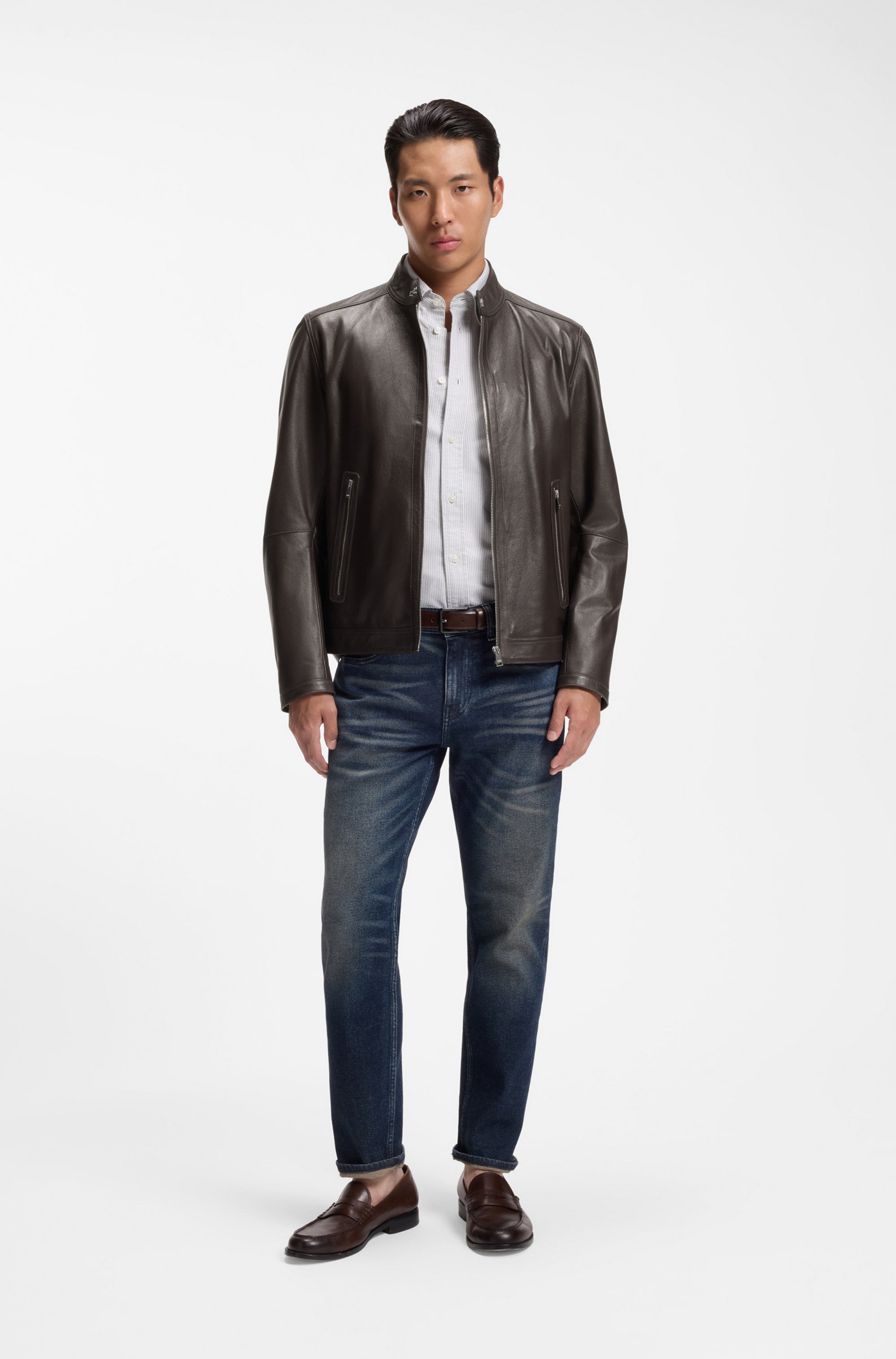 BOSS Lederjacke »H Mansell« Stehkragen, genarbtes Leder, Regular Fit
