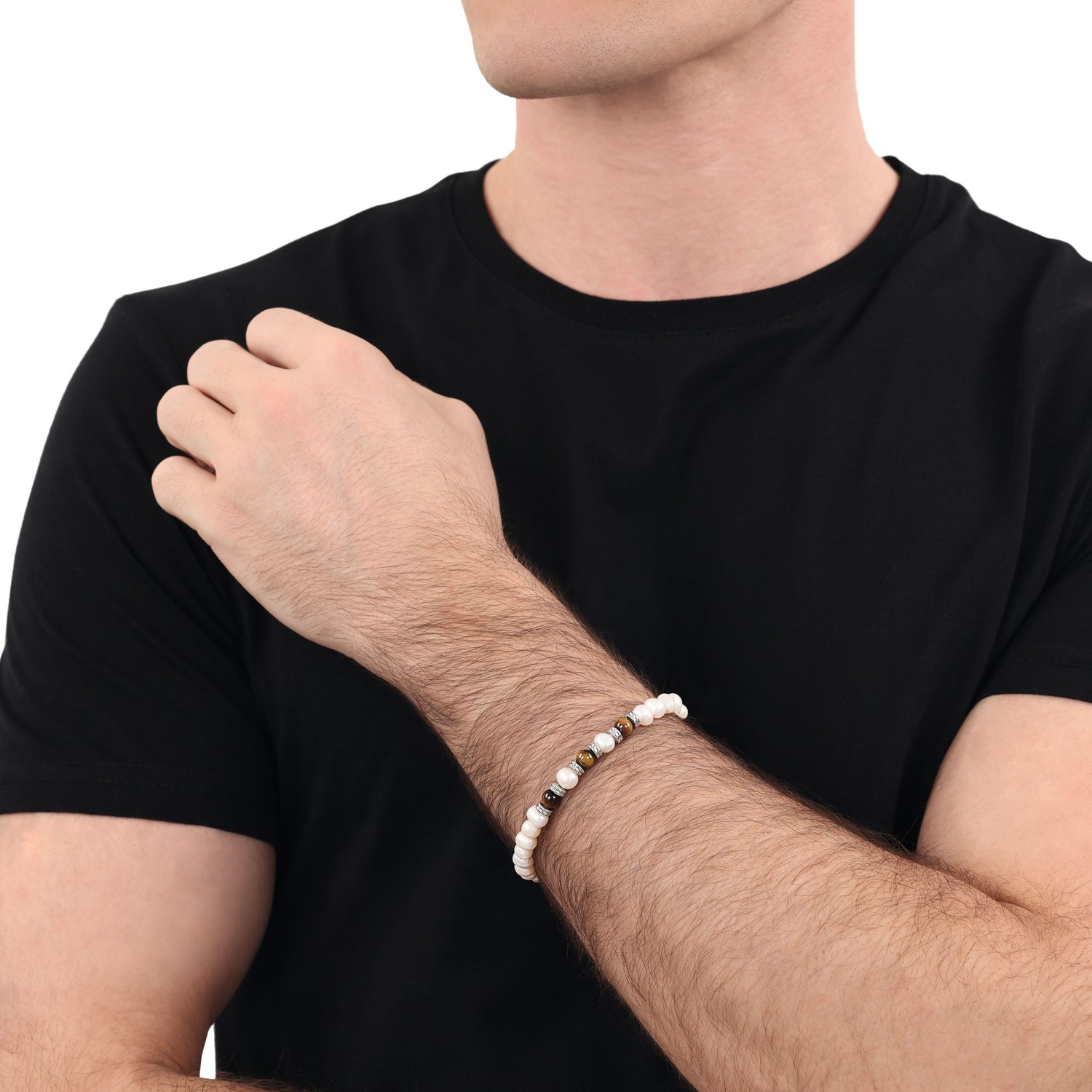 Armband AMOR, edelstahlfarben, braun, braun, Armbänder, Damen, 21cm, Edelstahl Perlen, Edelstahl, Perlen, Armband, mit Tigerauge - mit Süßwasserzuchtperle 3