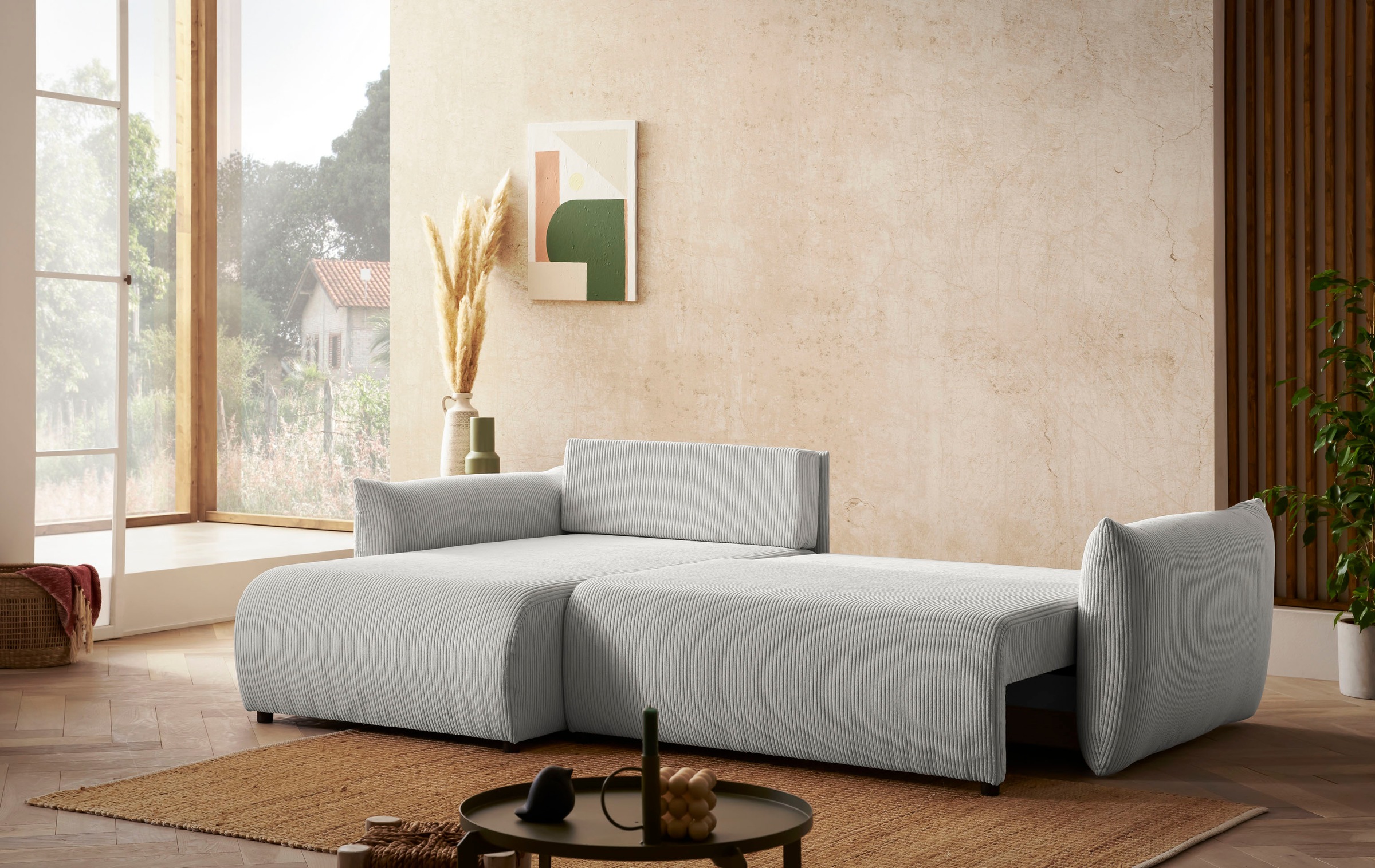 INOSIGN Ecksofa »MAVAS Schlafsofa mit Bettkasten, L-Form,«, ca.257/127cm (Liegefläche 212/145 cm), Cord, Chenille, Struktur