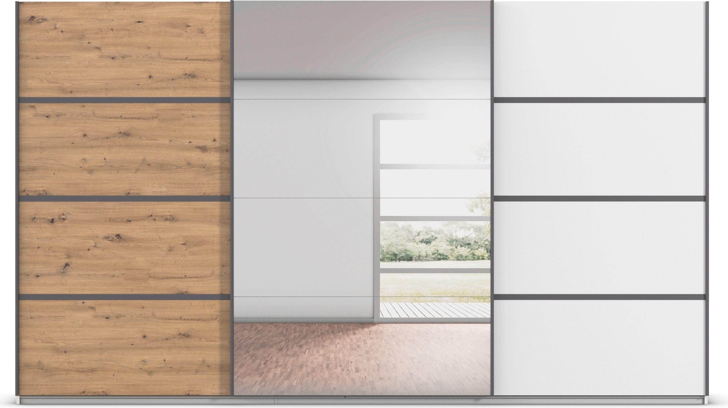 rauch Kleiderschrank »Schwebetürenschrank Garderobe Schrank TOP ANGEBOT Avola«, (in 3 verschiedenen Ausstattungen BASIC/CLASSIC/PREMIUM inkl. Spiegel), mit eleganten Zierleisten in Chrom, Schwarz oder Weiß MADE IN GERMANY