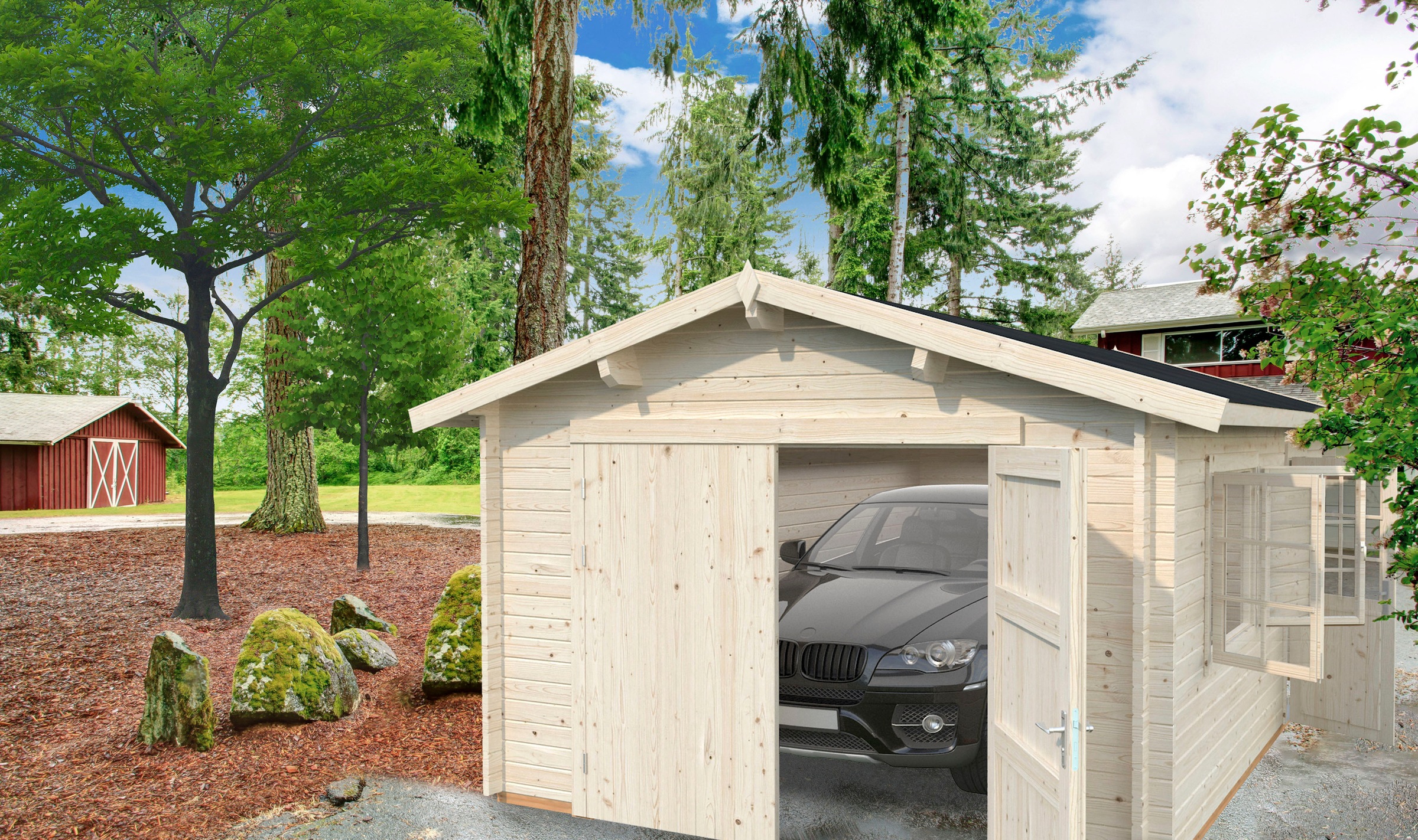 Palmako Roger 3.6m x 5.5m Log Cabin Single Garage (44mm) - Double Doors