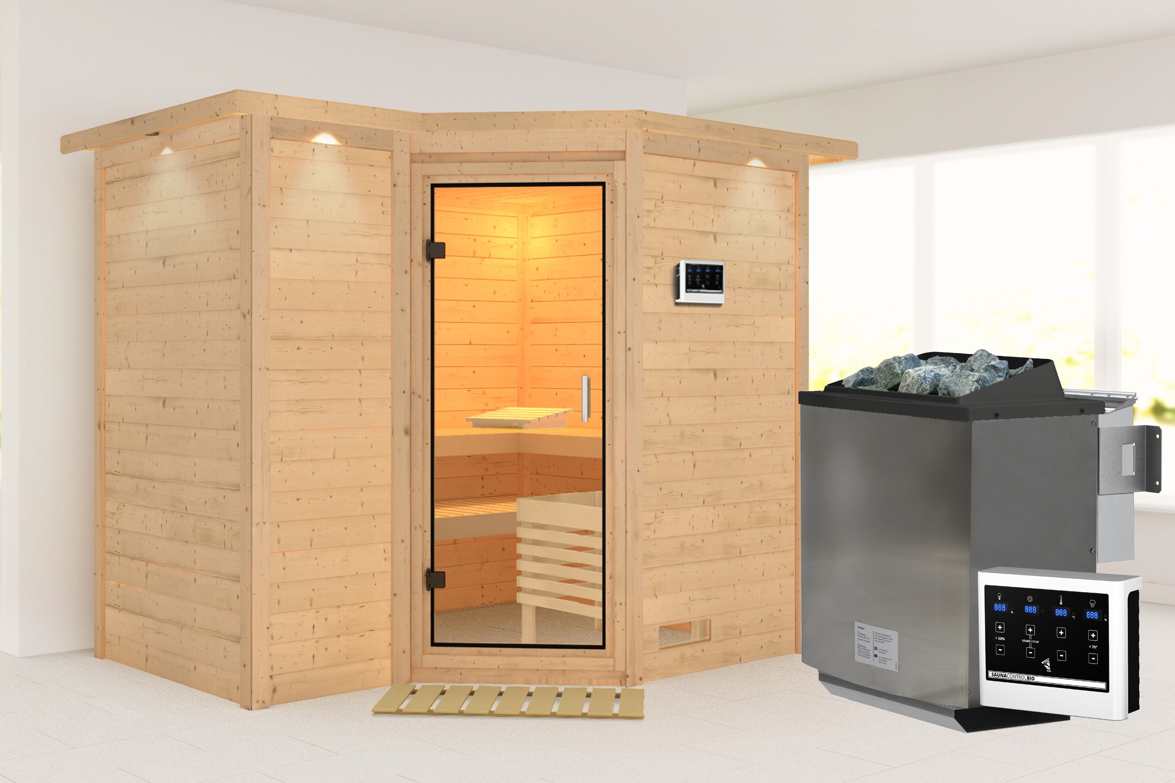 KARIBU Sauna "Sanna 2", Bio-Kombiofen, externe Steuerung, 9 kW, beige, Saunen, Ofen 9 kW Bio externe Strg easy