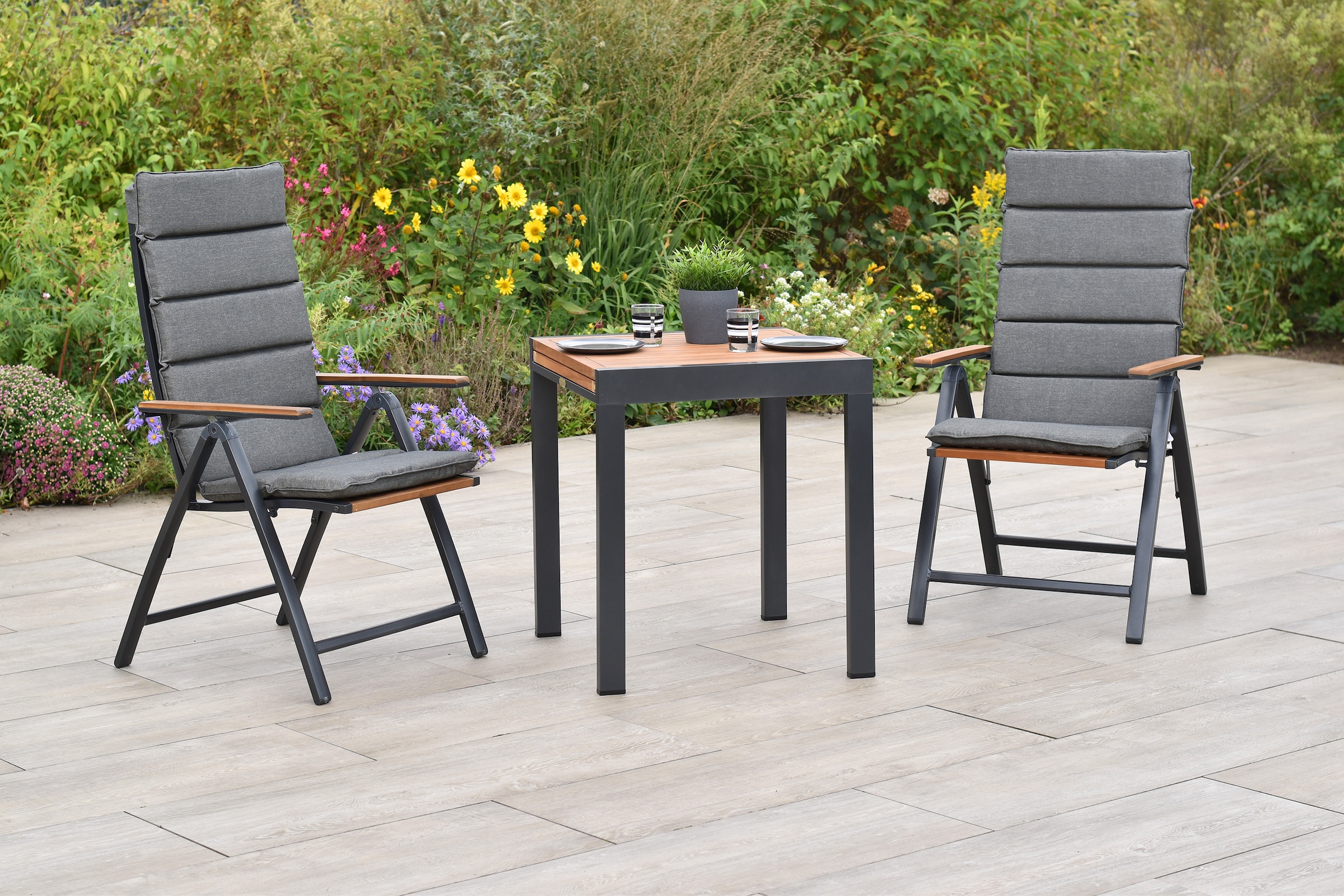 MERXX Balkonset »Athos« Set, 5 tlg. inkl. 2 Klappsessel, 2 Auflagen, 1 Balkonausziehtisch