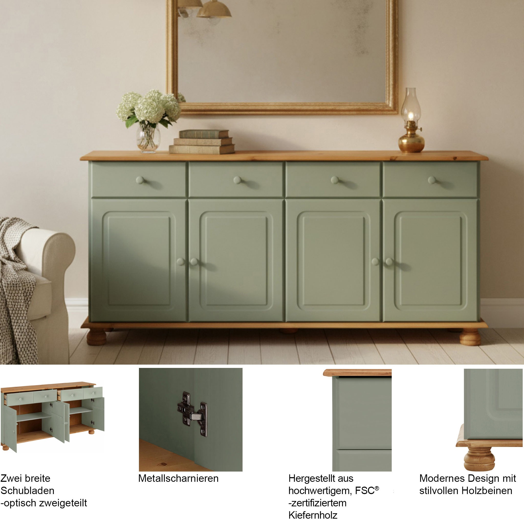 OTTO home Sideboard »Mette« Kommode aus massivem Kiefernholz, Breite 156 cm