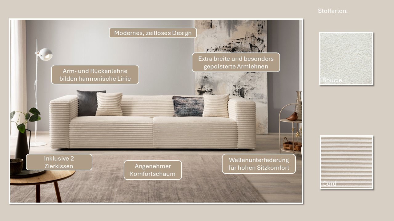 andas 3-Sitzer »BAKELS, Couch in Cord oder Boucle-Stoff, Sofa im modernen Design«, bequemer Sitzkomfort,in 2 Stoffen und 8 Farben lieferbar