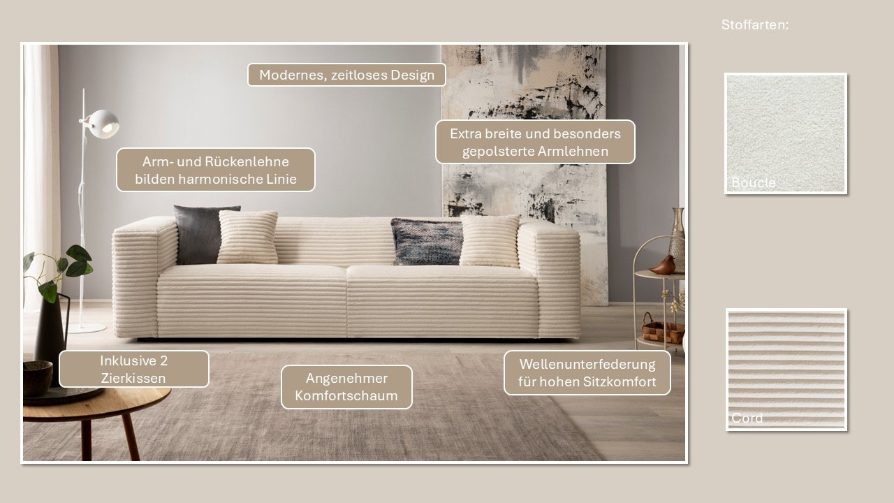 Thumbnail - Home affaire 3-Sitzer "BAKELS, Couch in Cord oder Boucle-Stoff, Sofa im modernen Design" bequemer Sitzkomfort,in 2 Stoff...