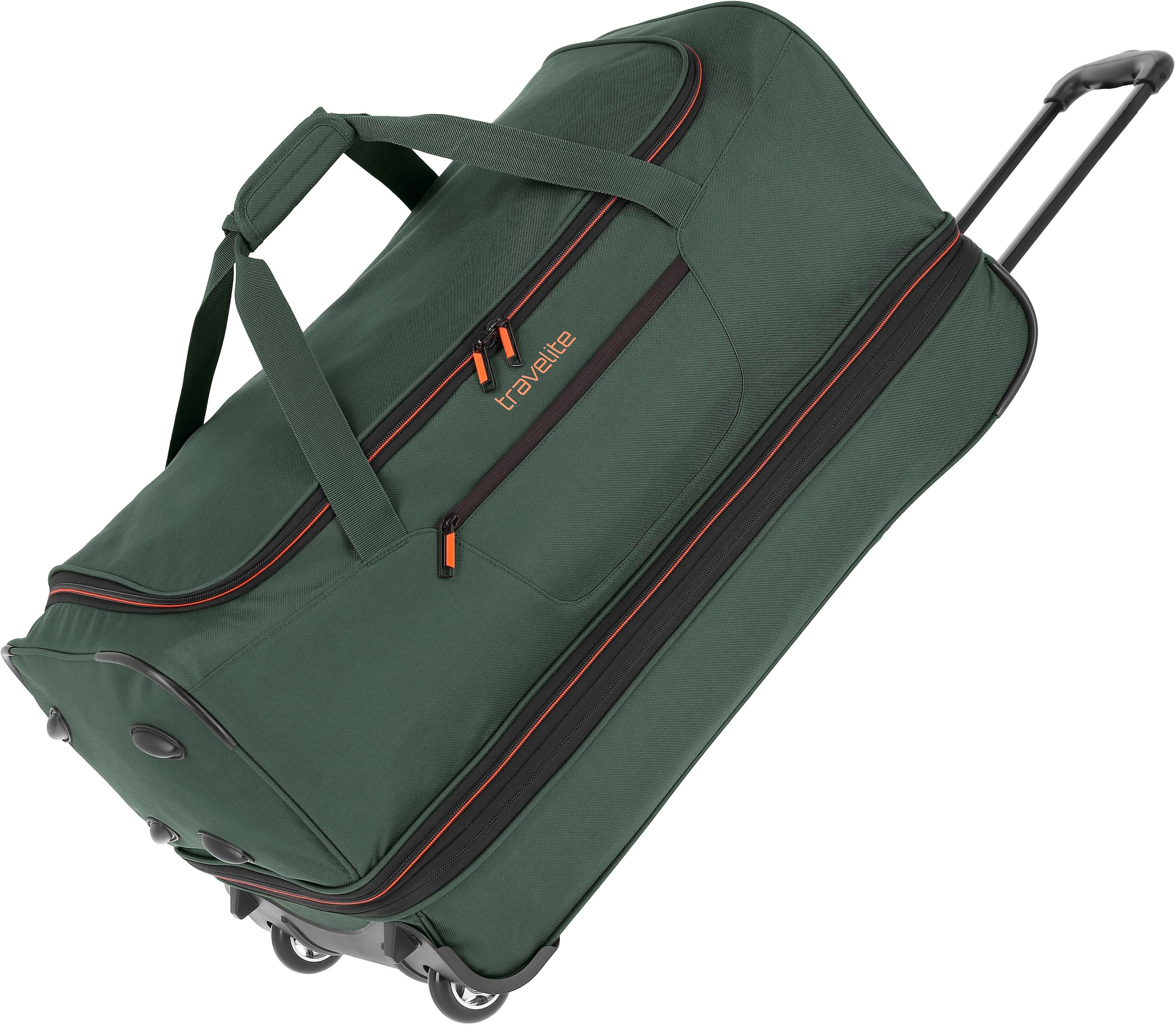 travelite Reisetasche "Basics, 70 cm, dunkelgrün", Duffle Bag Sporttasche mit Trolleyfunktion und Volumenerweiterung