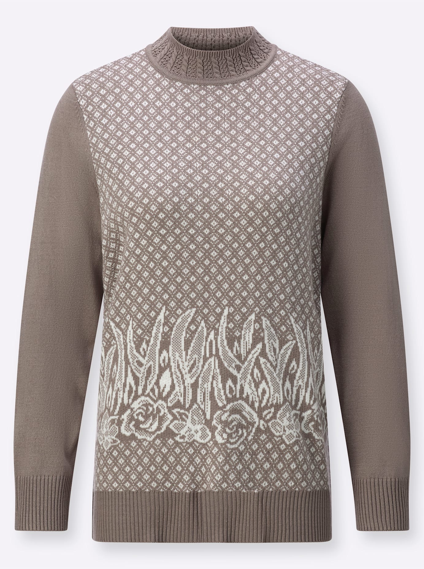 Stehkragenpullover CLASSIC "Pullover", Damen, Gr. 44, grau (taupe, ecru, gemustert), 100% Polyacryl, gemustert, mehrfarbig, Pullover Stehkragenpullover 3