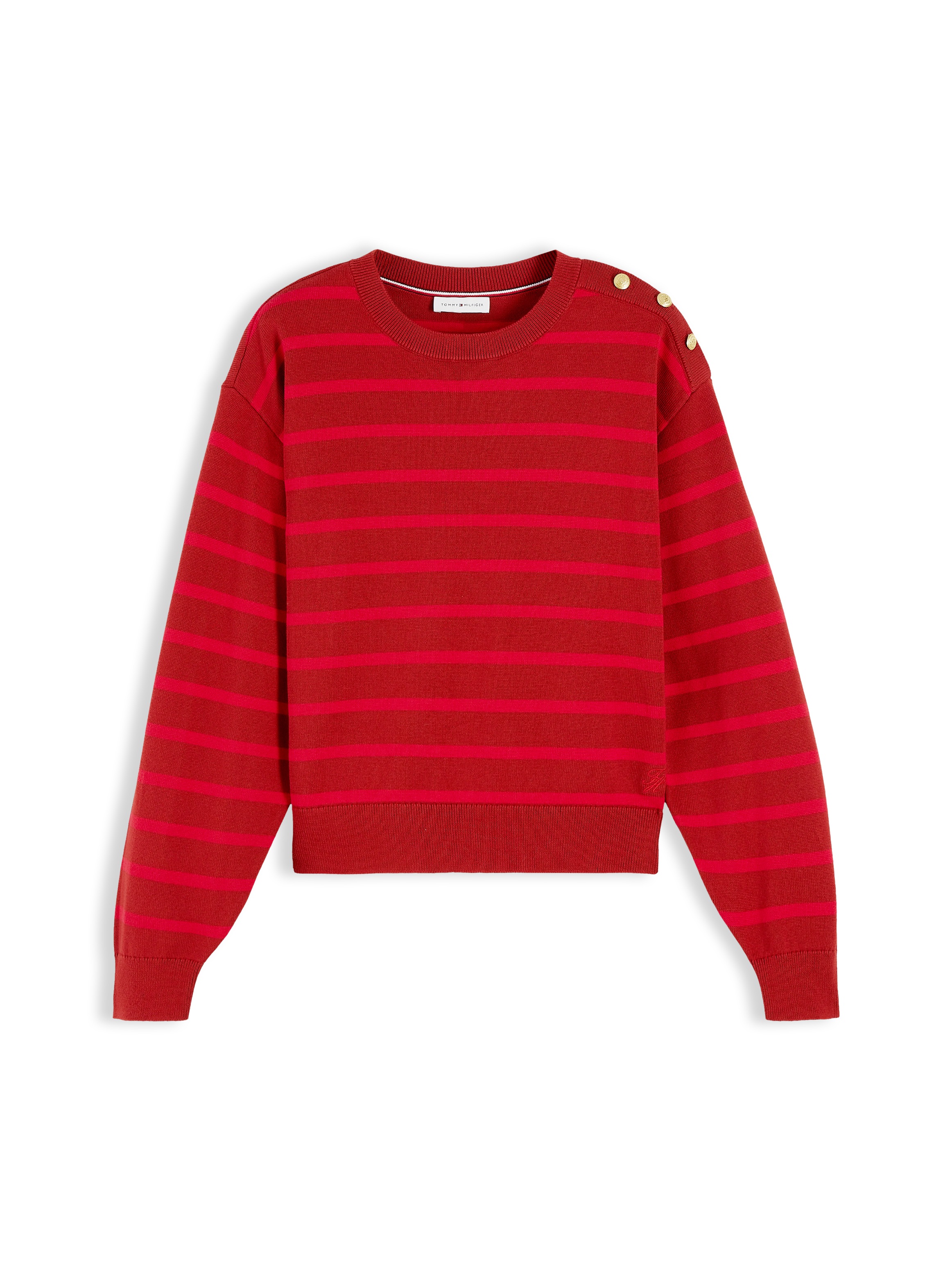 Tommy Hilfiger Strickpullover »STRIPED SCRIPT LOGO SWEATER LS« Baumwolle, goldfarbene Zierknöpfe