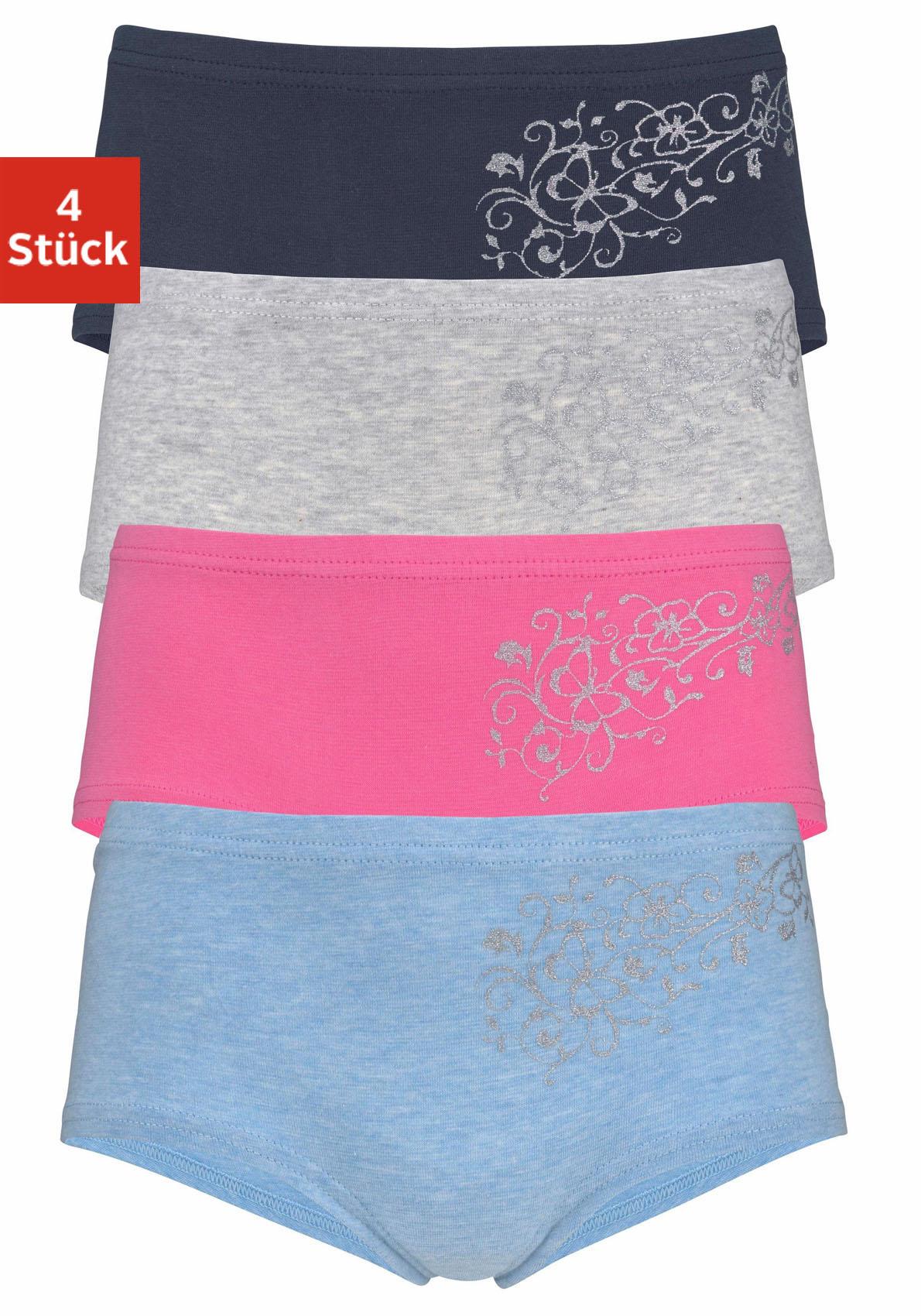petite fleur by Lascana Panty Packung, 4 Stk. unifarben mit floralem Glitzerdruck, Baumwollmischung