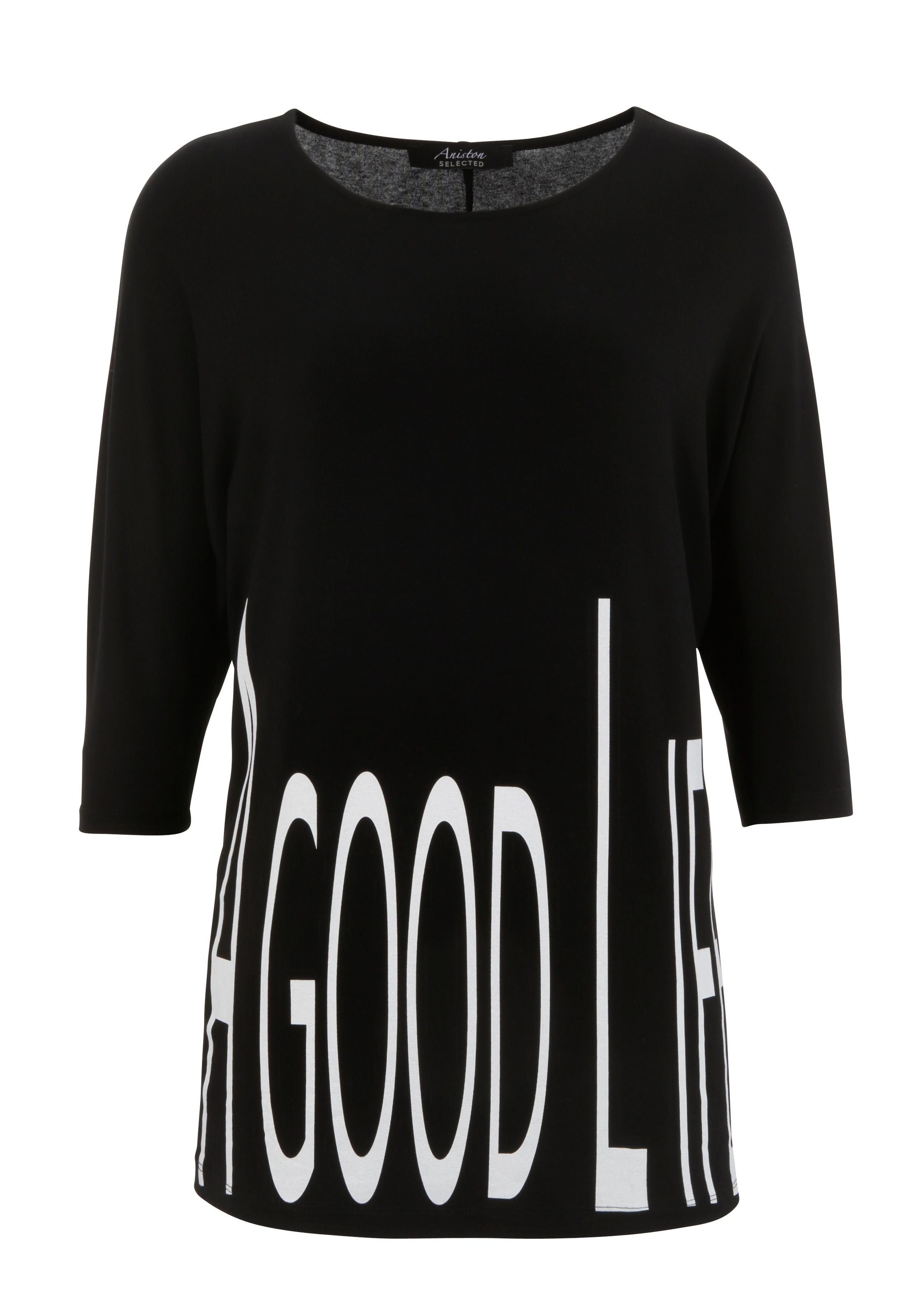 3/4-Arm-Shirt ANISTON SELECTED, Damen, Gr. 46, schwarz-weiß (schwarz, weiß), Single Jersey, Obermaterial: 95% Viskose, 5% Elasthan, bedruckt, oversize hüftbedeckend, Rundhals, Shirts 3/4-Arm-Shirt, mit Statement-Spruch, Topseller 3