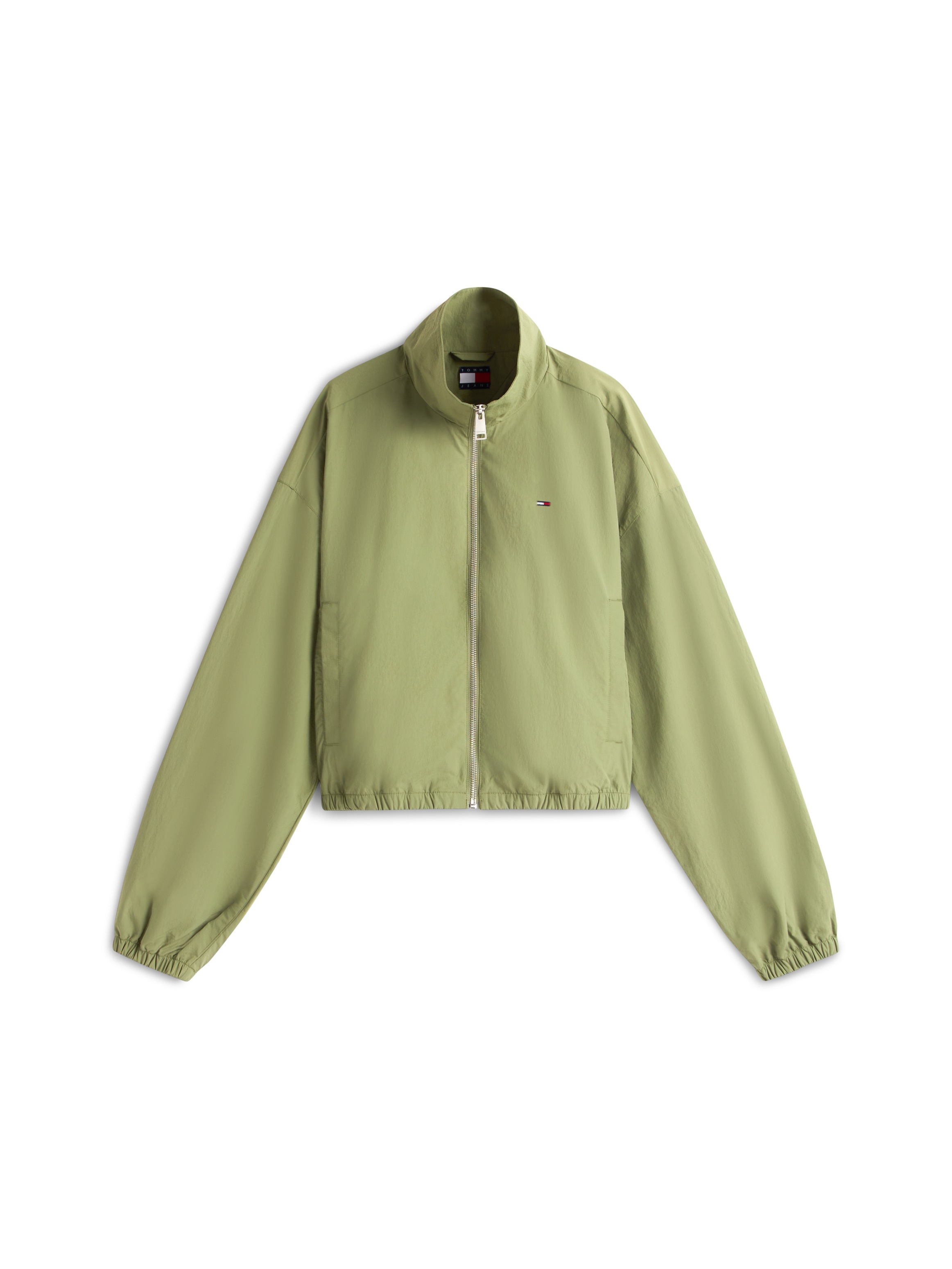 Kurzjacke TOMMY JEANS "TJW TIE SIDE HIGH NECK JACKET", Damen, Gr. XL (42), bay leaf, Web, Obermaterial: 100% Nylon, unifarben, relaxed fit hüftlang, hoch geschlossener Ausschnitt, elastischer Bund, Jacken Kurzjacke, Taillenbund mit seitlichen Bindebändern 3