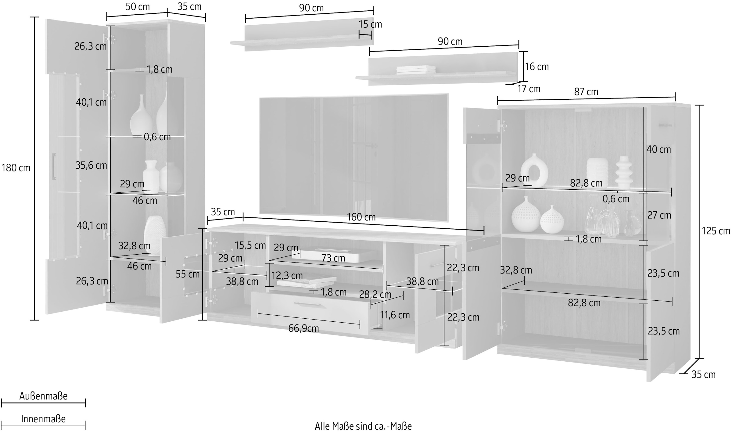 Home affaire Wohnwand »Ribe,Set-5 St.,Oberplatten Eiche massiv,viel Stauraum«, (5 St.), Glaseinsatz aus gehärtetem Glas,Böden teilweise versetzbar