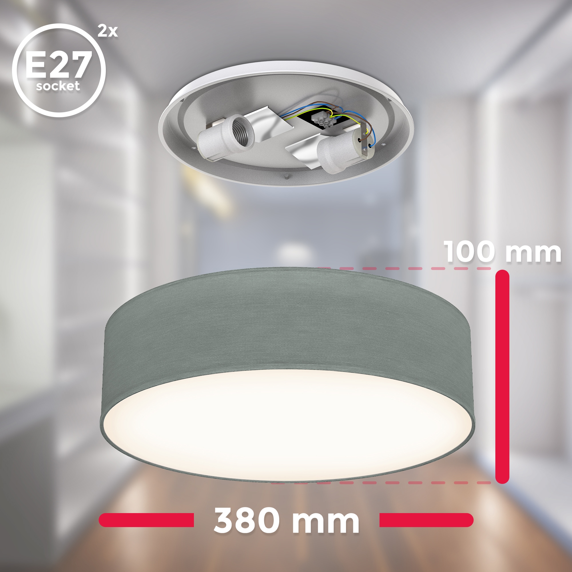 B.K.Licht Deckenleuchte »BK_SD1219 Deckenlampe, mit Stoffschirm Grau,  E27-Fassung«, 2 flammig-flammig, 2-flammig, ohne Leuchtmittel, Ø38cm | BAUR