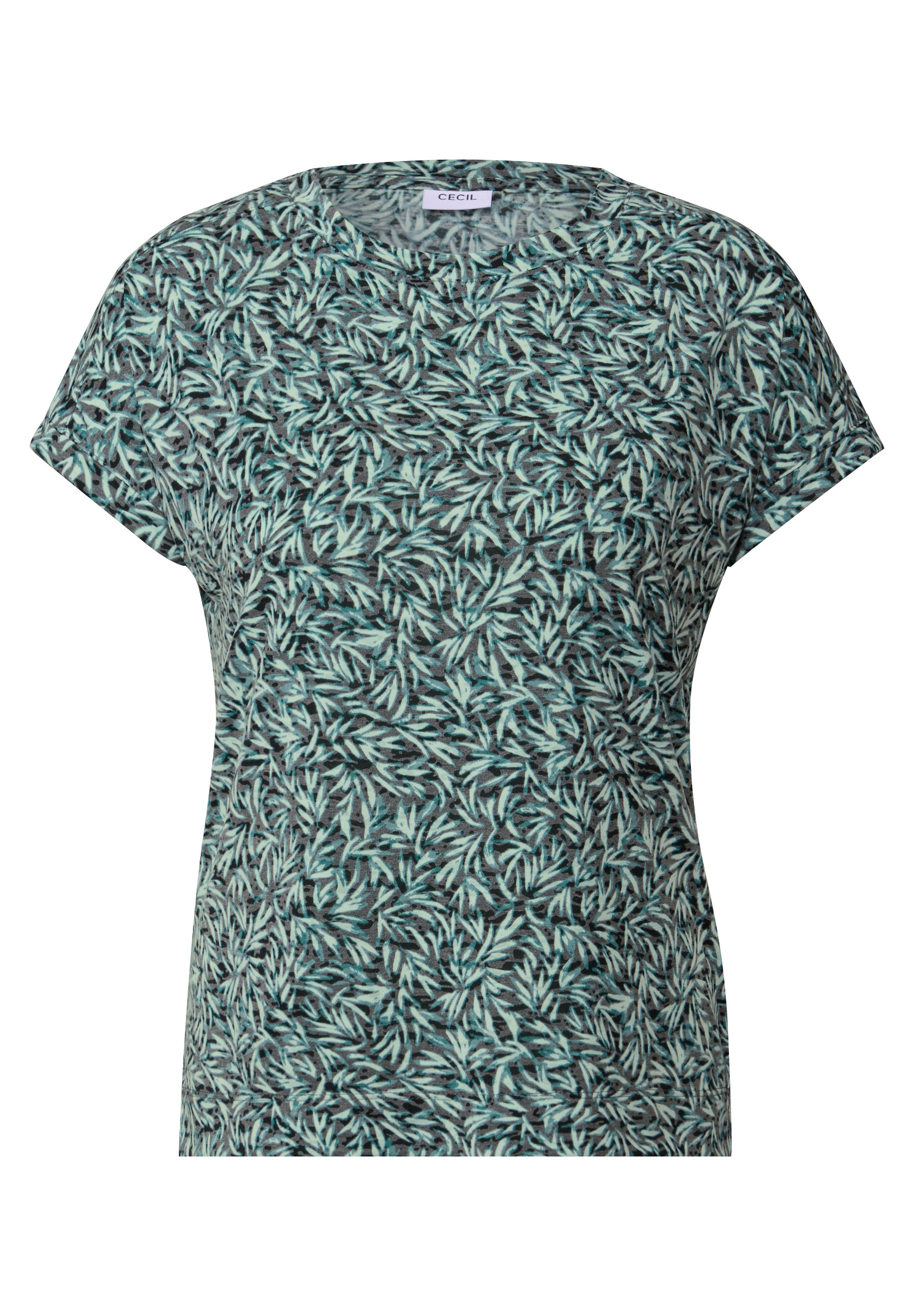 Rundhalsshirt CECIL, Damen, Gr. XXL (46), grün (ink grün), Stoff, 65% Polyester, 35% Viskose, gemustert, normal normal, Rundhals, Umschlagbund, Shirts Rundhalsshirt, mit grafischem Muster 3