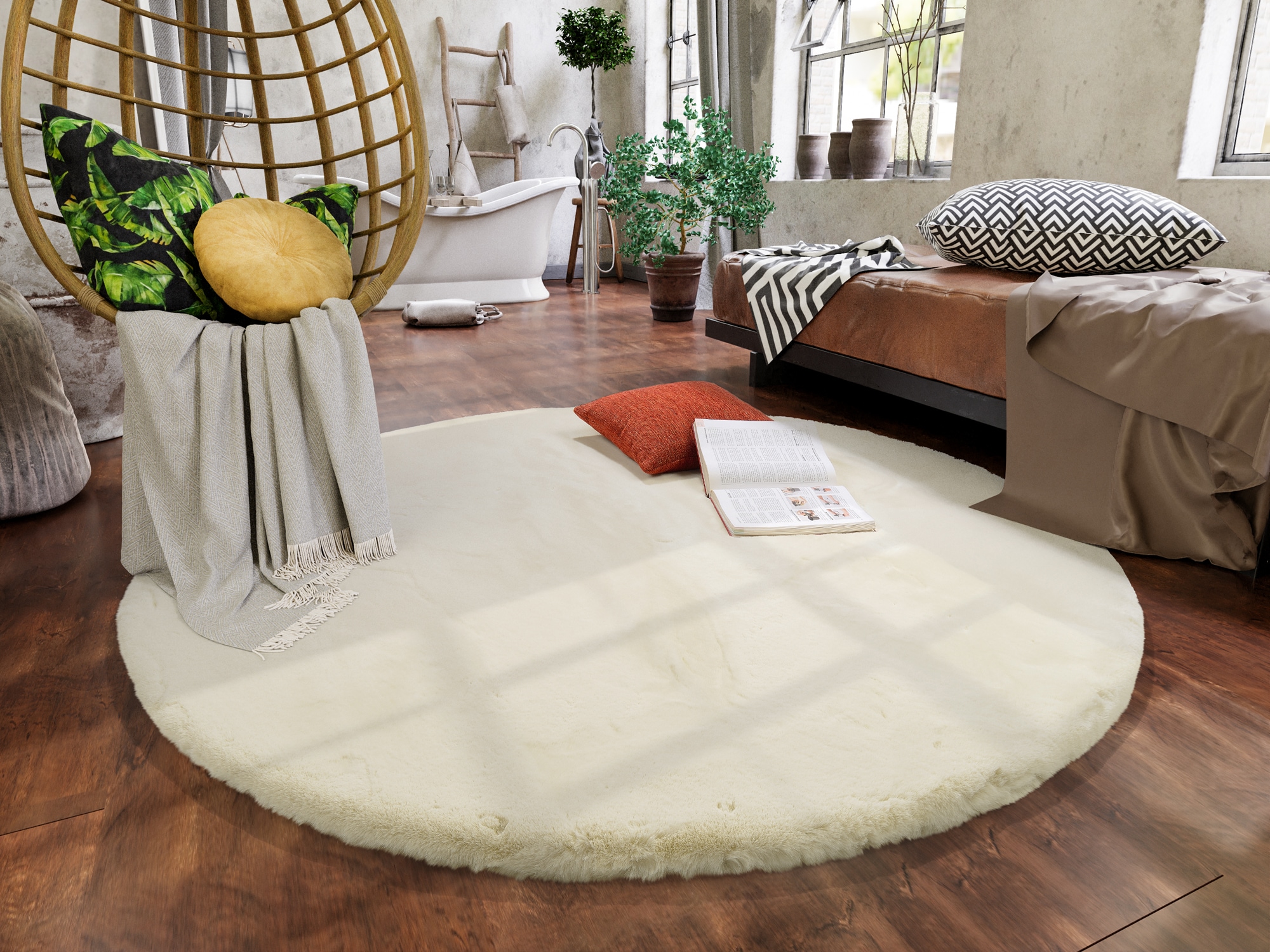 OCI DIE TEPPICHMARKE Hochflor-Teppich "ALISSA, Fell Haptik" rund 38 mm Höhe Kuschelig softer weicher Flor, Kaninchen Fell Haptik, getuftet