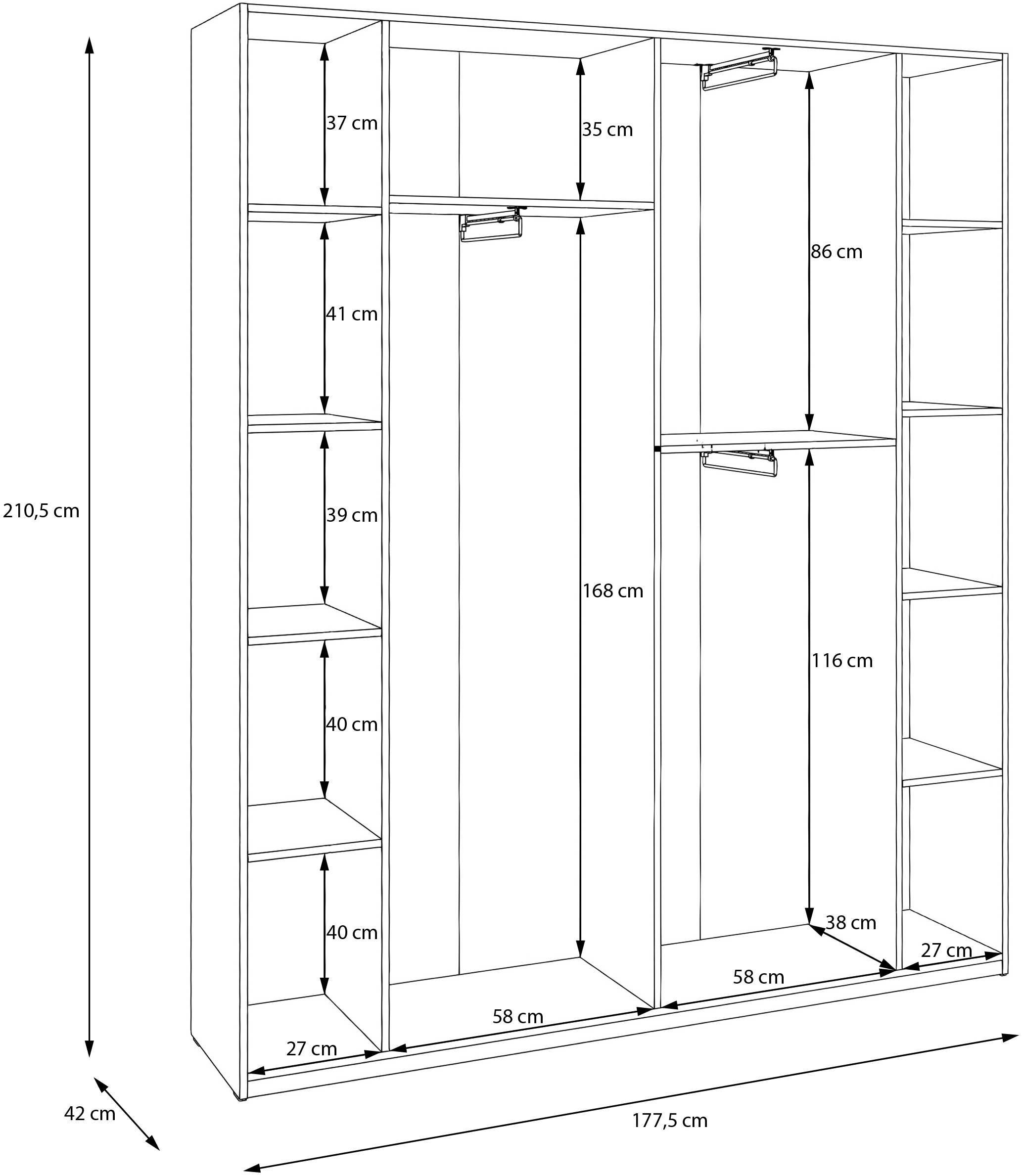 FORTE Drehtürenschrank B/H/T 177,5/210,5/42 cm, stehende Montage
