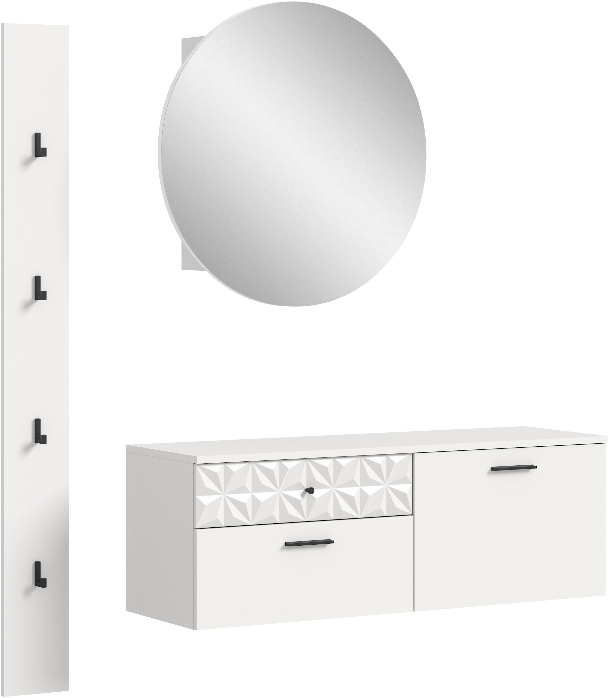 INOSIGN Garderoben-Set »VICENZA, 3-tlg., mit foraler Ornamentabsetzung in der Front«, (3 St.), best. aus.: Schuhschrank, Spiegelschrank und Hakenpaneel