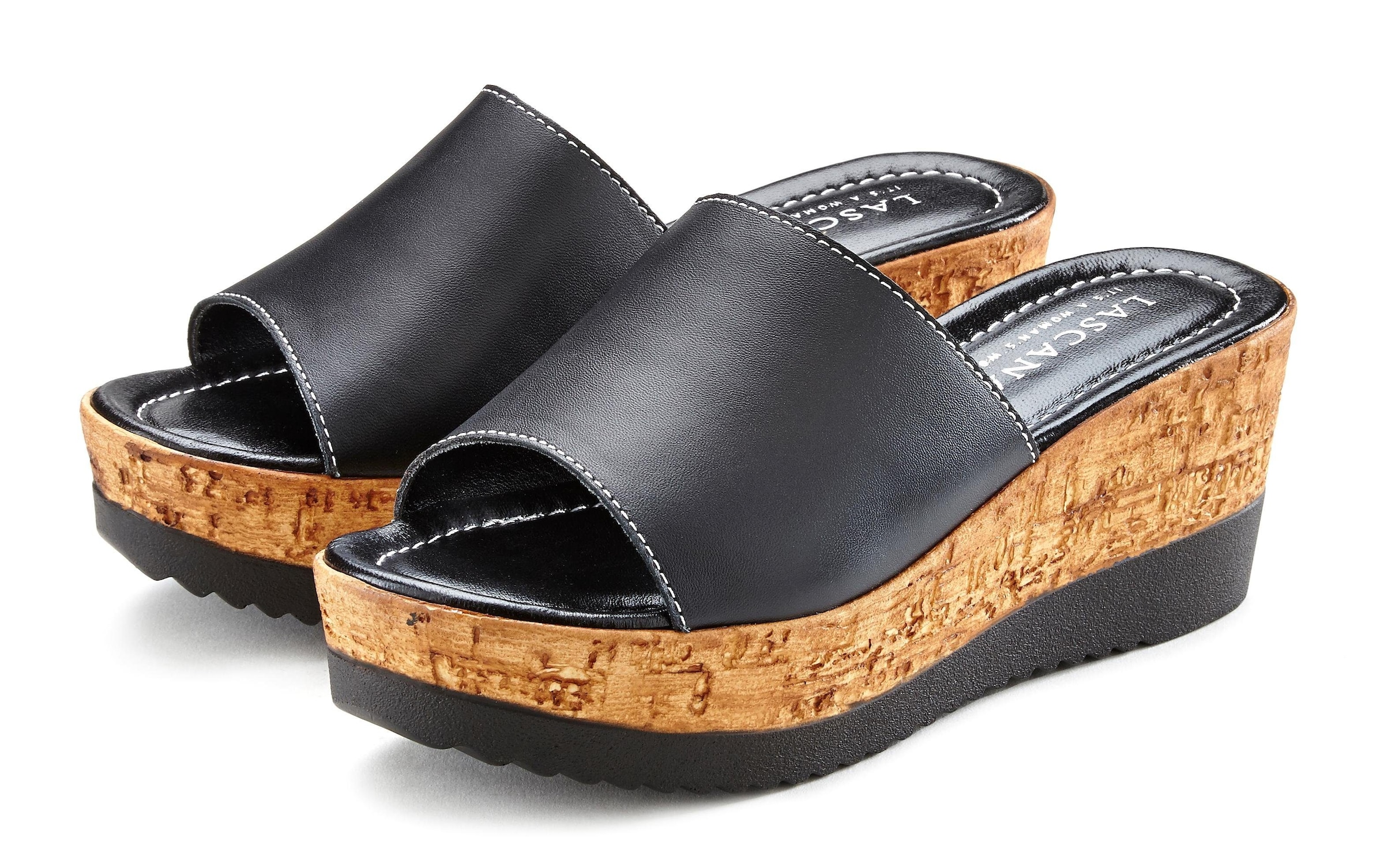 LASCANA Pantolette »Sommerschuh,«, Mule, Sandale, offener Schuh aus Leder mit Keilabsatz