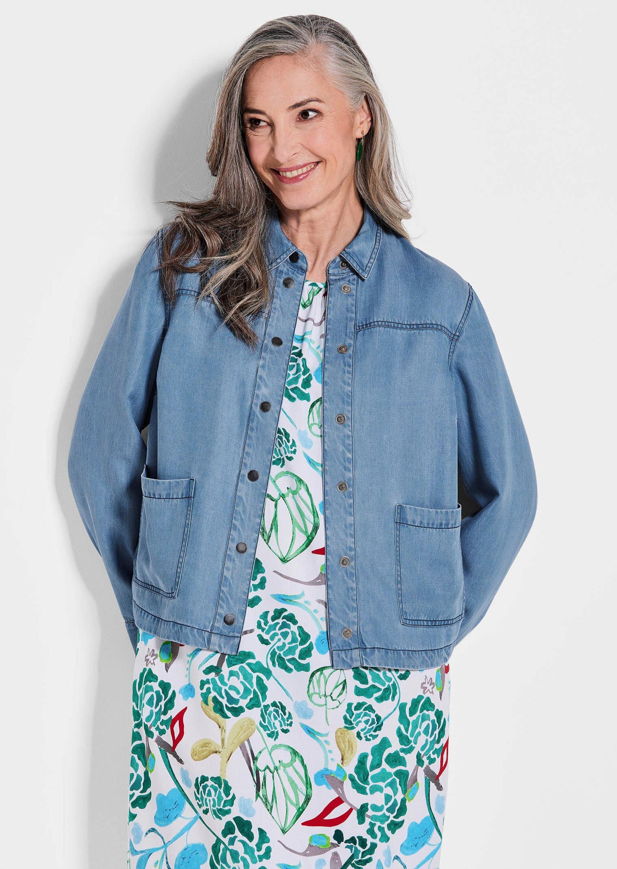 GOLDNER Kurzjacke "Kurzgröße Denim-Jacke mit aufgesetzten Taschen" Große au günstig online kaufen