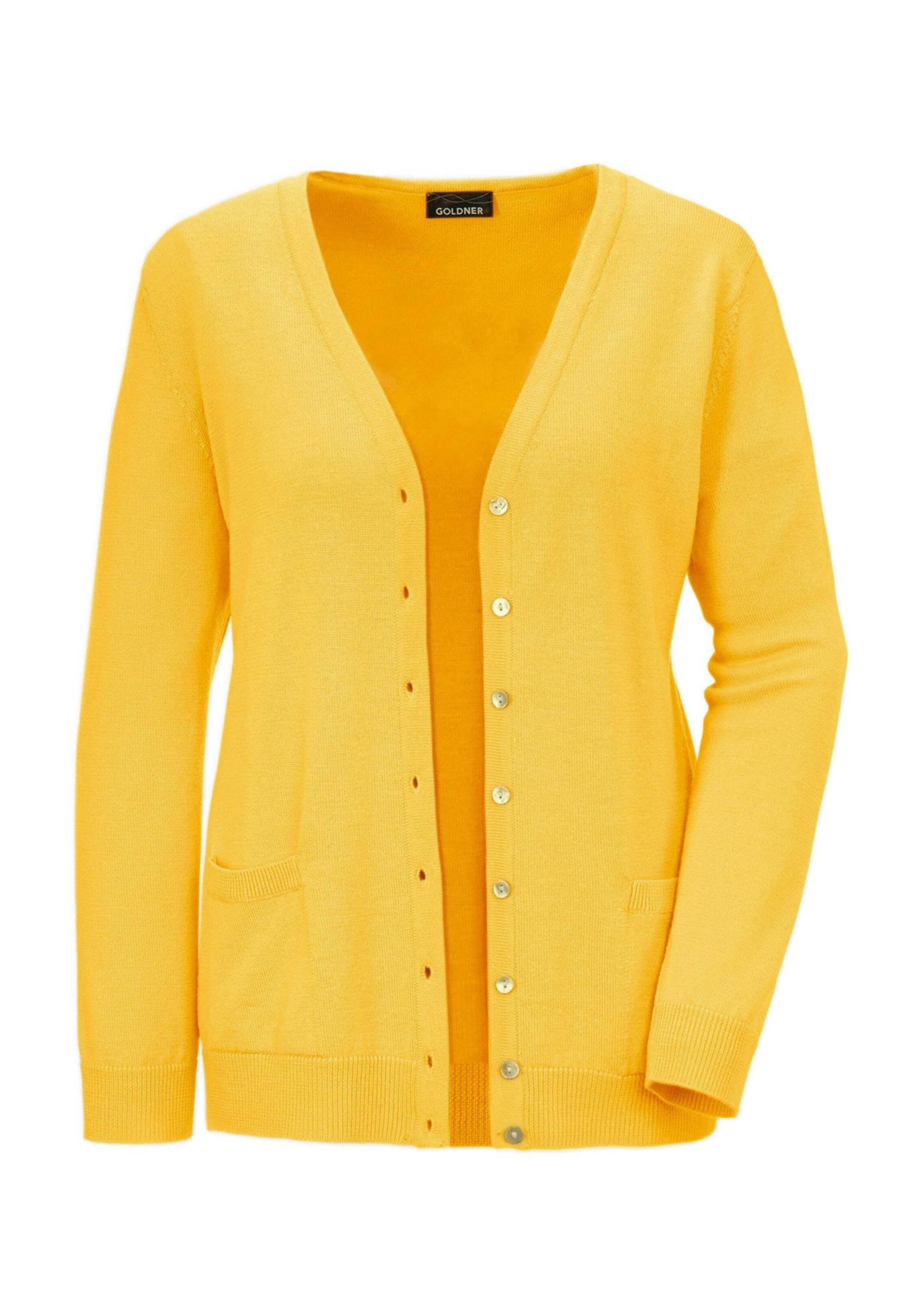 Strickjacke GOLDNER "Kurzgröße Uni Merino-Cardigan Langarm", Damen, Gr. 21, gelb, Obermaterial: 100% Schurwolle WV., Basic, normal, Rippe, Strickjacken Strickjacke, Rippenbündchen