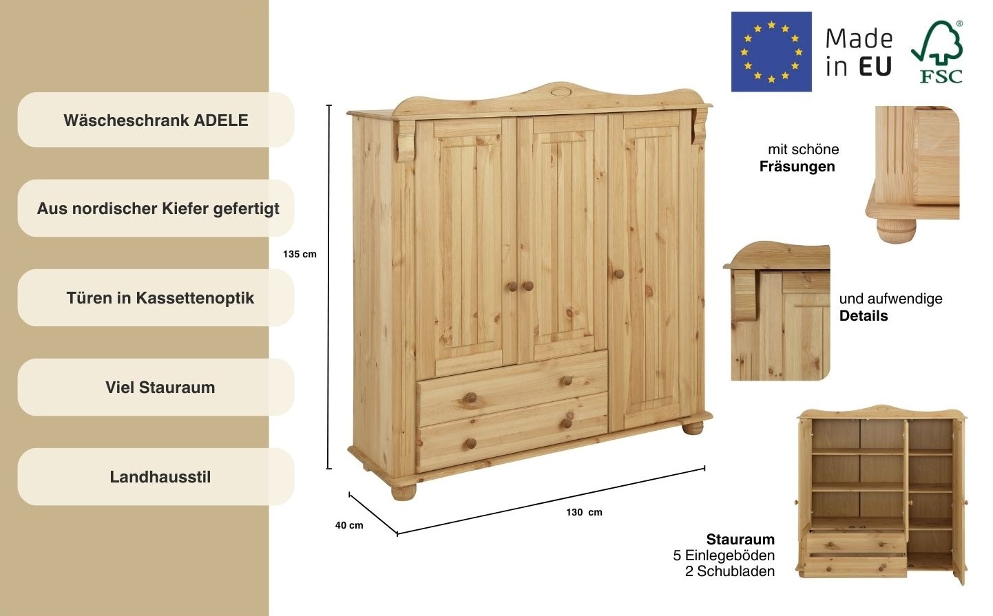 Home affaire Wäscheschrank »Adele, Mehrzweckschrank«, (2 Breiten: 93/130 cm H/T ca. 135/40 cm), aus massiver Kiefer, 2-oder 3-türig