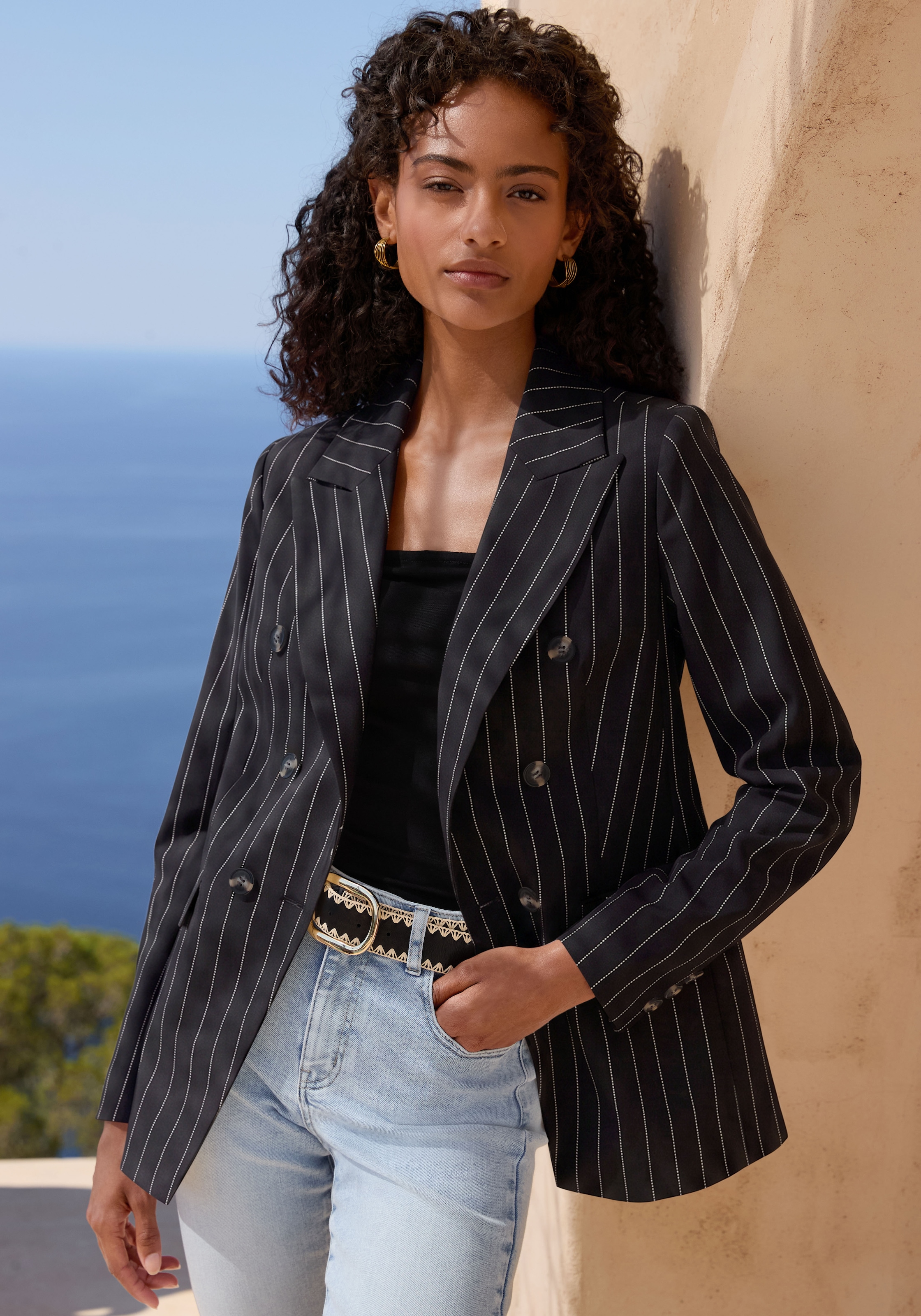 Damen Longblazerschwarz, weiß gestreift, Gr. 46, FRENCH CONNECTION, gestreift, Stoff, Obermaterial: 64% Polyester, 33% Viskose, 3% Elasthan. Futter: