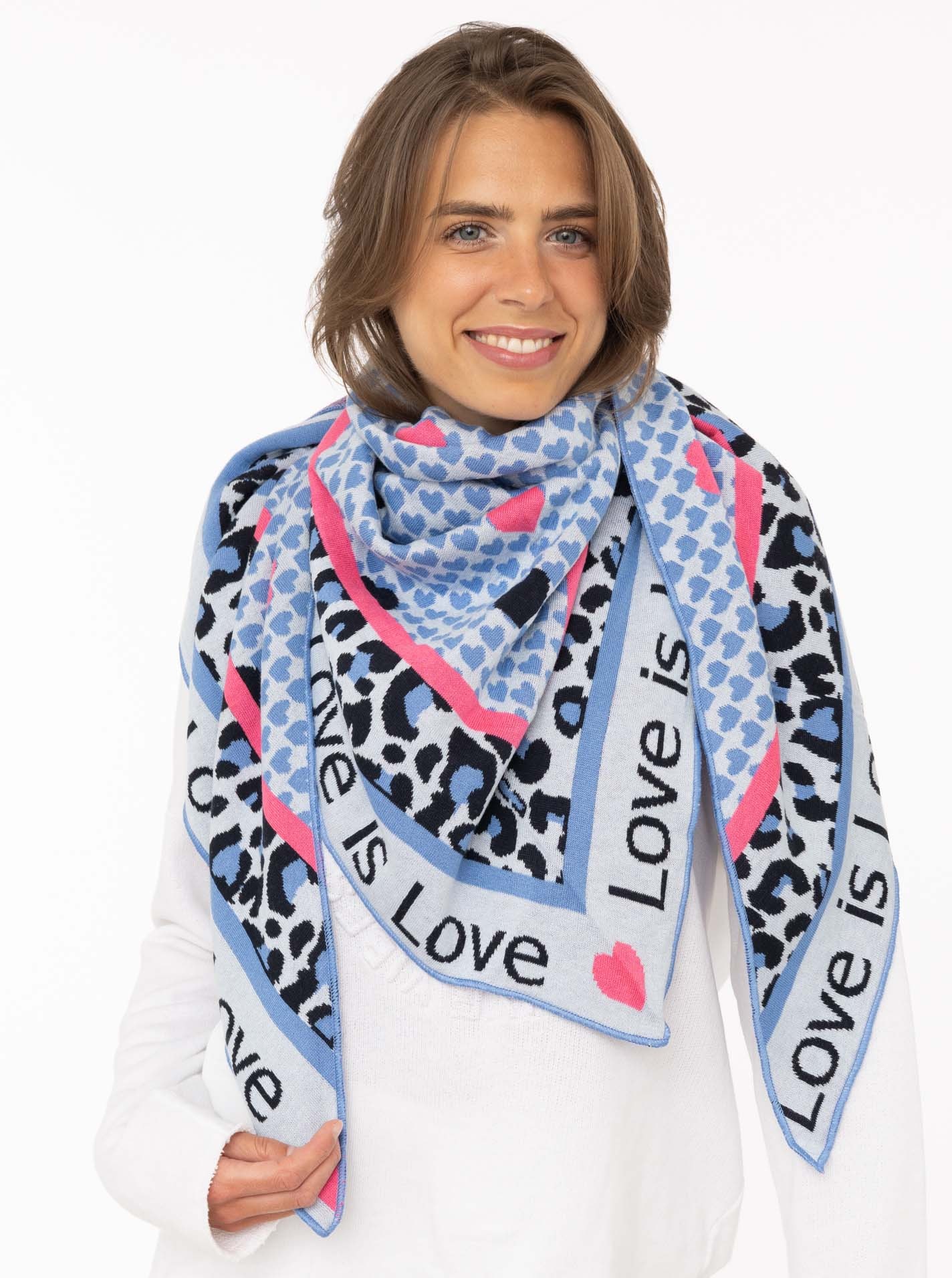 Zwillingsherz Dreieckstuch "Love is Love" Feinstrick, Schriftzug, Animal-Muster, wärmend