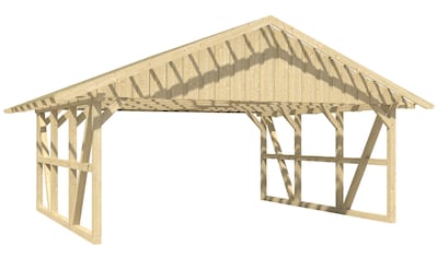 Doppelcarport »Schwarzwald«, KVH, Fichte, 560 cm, Weiß, 684x600cm, mit Dachlattung