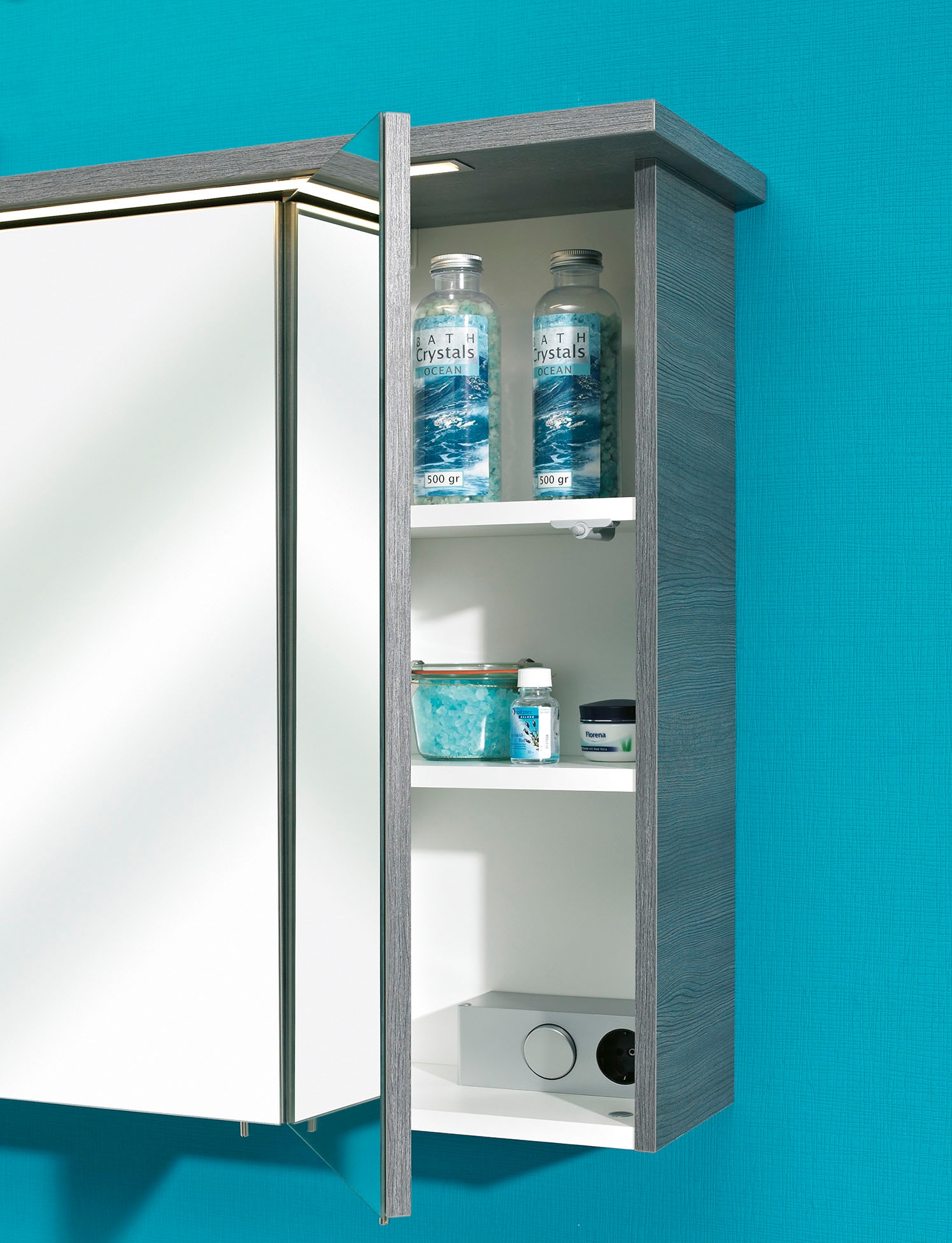 Saphir Badmöbel-Set »Quickset 3-teilig, Mineralmarmor-Waschtisch und LED-Spiegelschrank«, (4 St.), mit Hochschrank, inkl. Türdämpfer, 7 Türen, 1 Klappe, 2 Schubladen