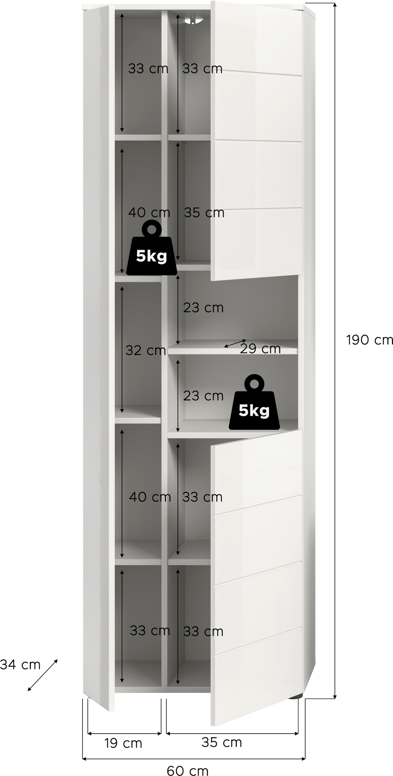 welltime Hochschrank »Biel, 190 cm, 3 Türen, 2 offene Fächer«, (1 St.), Türanschlag wechselbar, modernes Design, Badschrank, Unterschrank, Bad