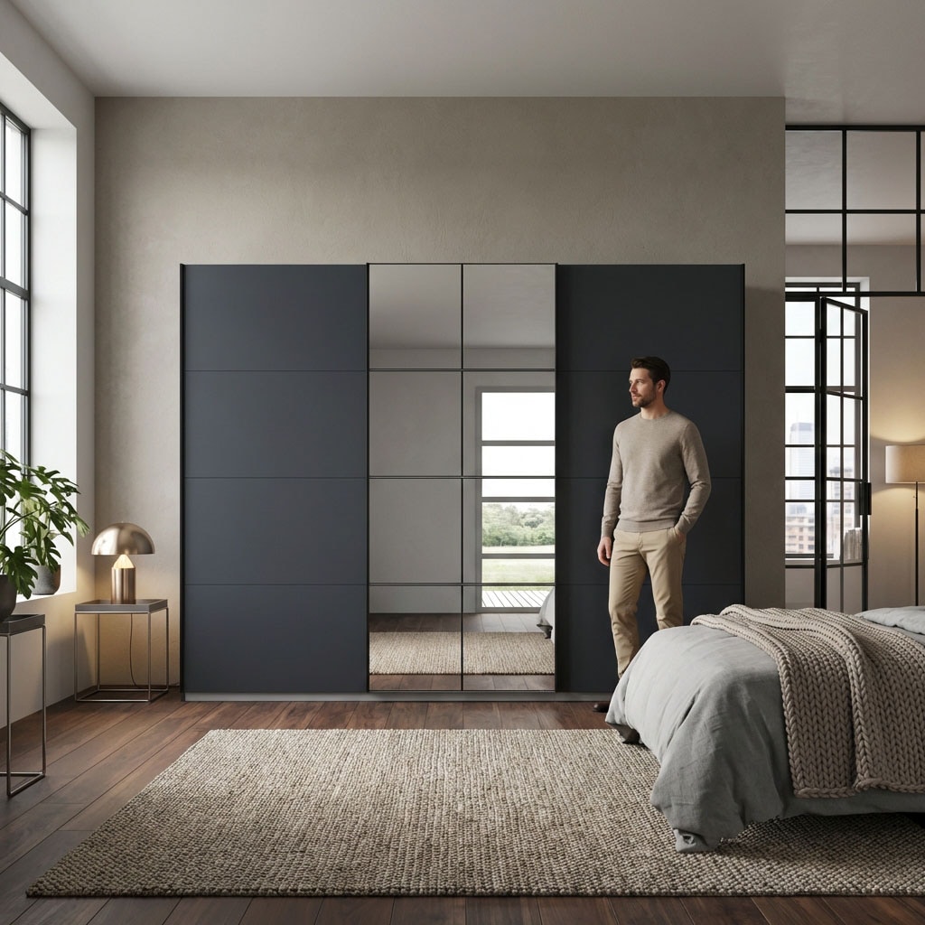 OTTO home Kleiderschrank »Schwebetürenschrank Schrank Garderobe Wäscheschrank BAVENO« in 3 Ausstattungen BASIC/CLASSIC/PREMIUM (mit Soft-Close-Funktion),  in moderner Loft-Optik mit Griffleisten aus Metall MADE IN GERMANY