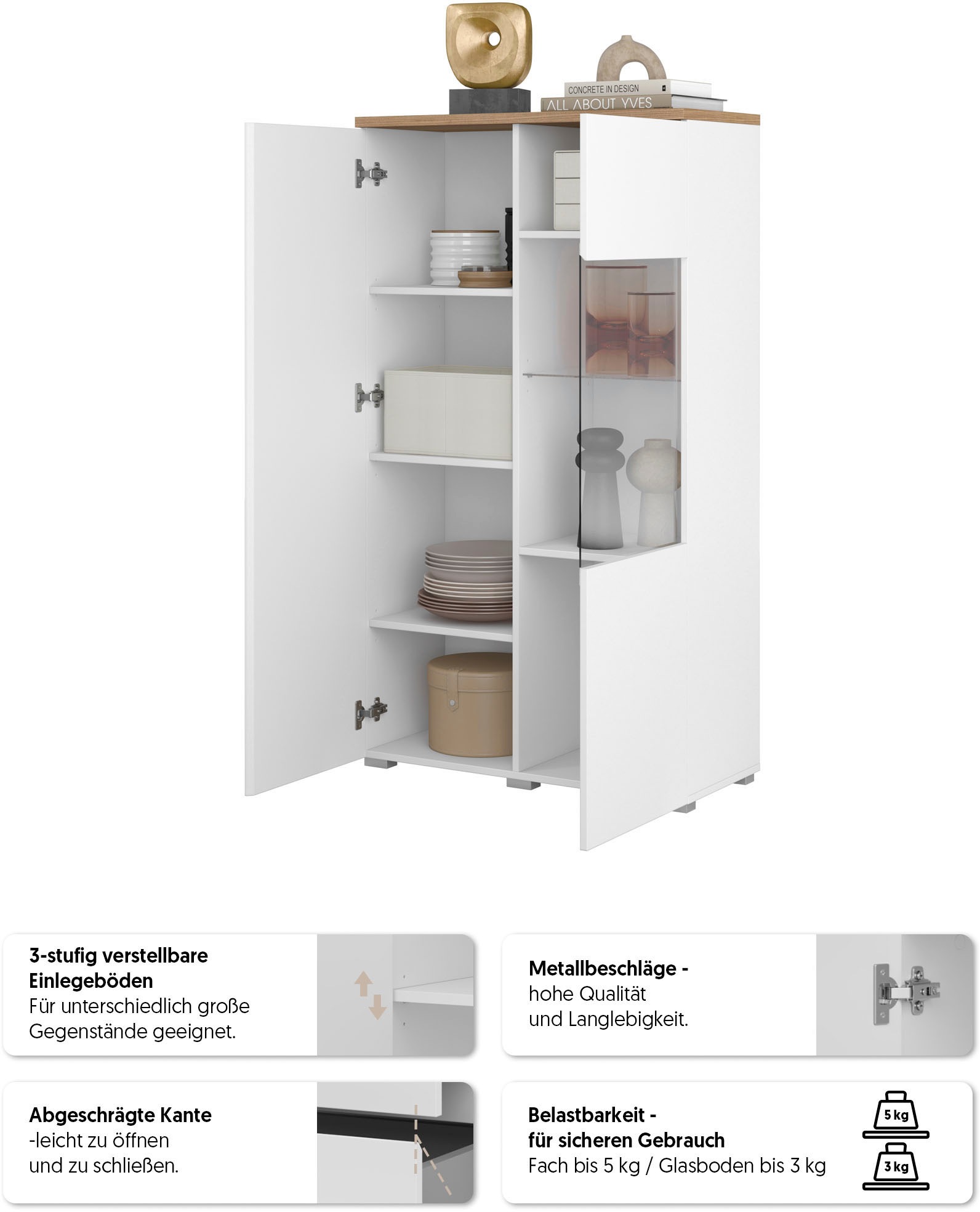 INOSIGN Vitrine »Modo, Breite 80 cm, moderner griffloser Vitrineschrank«, Vitrine mit viel Stauraum, Einlegeböden verstellbar, Glastür