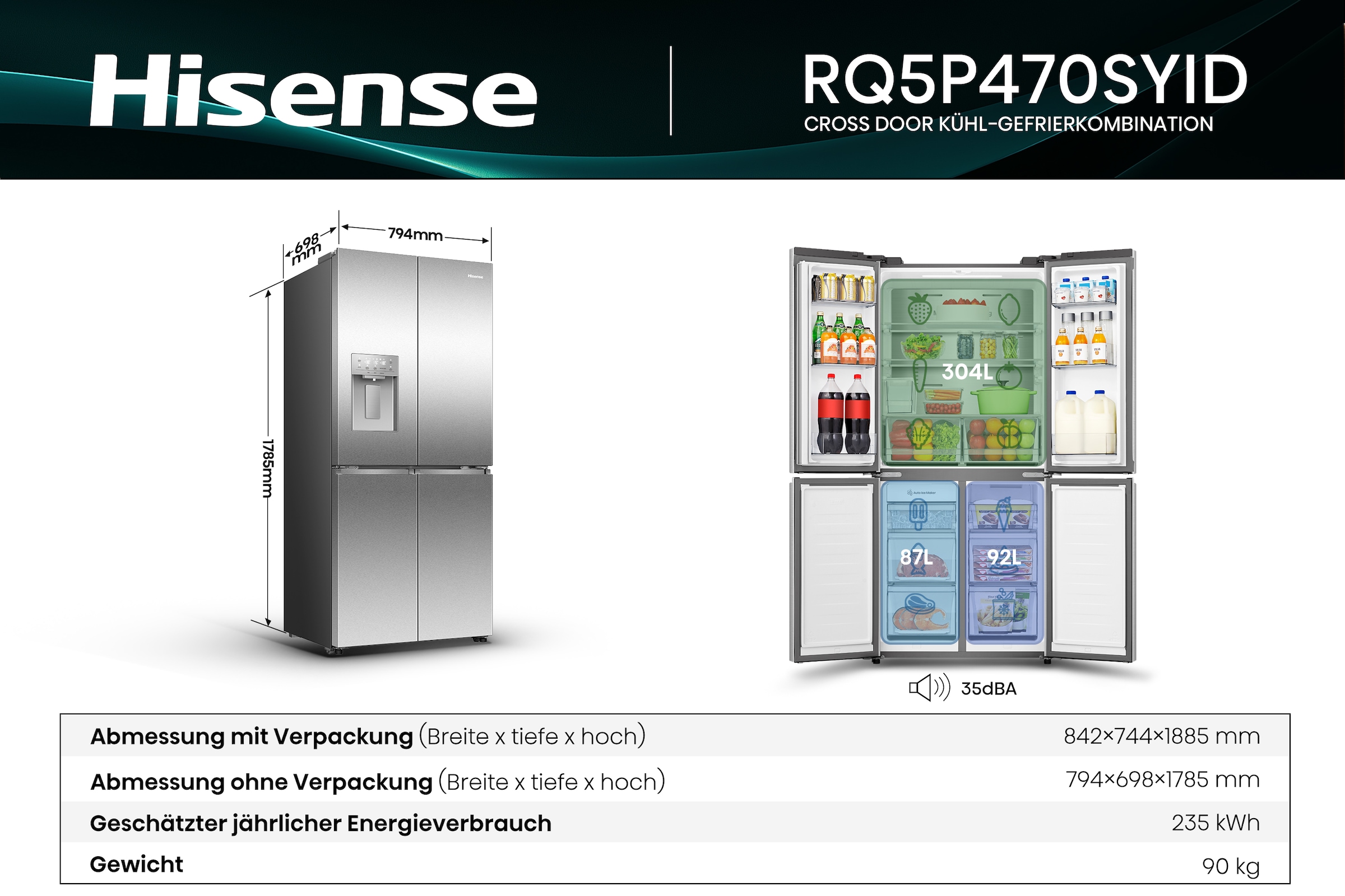 Hisense Multi Door »RQ5P470SYID«, Wasser-/Eisspender