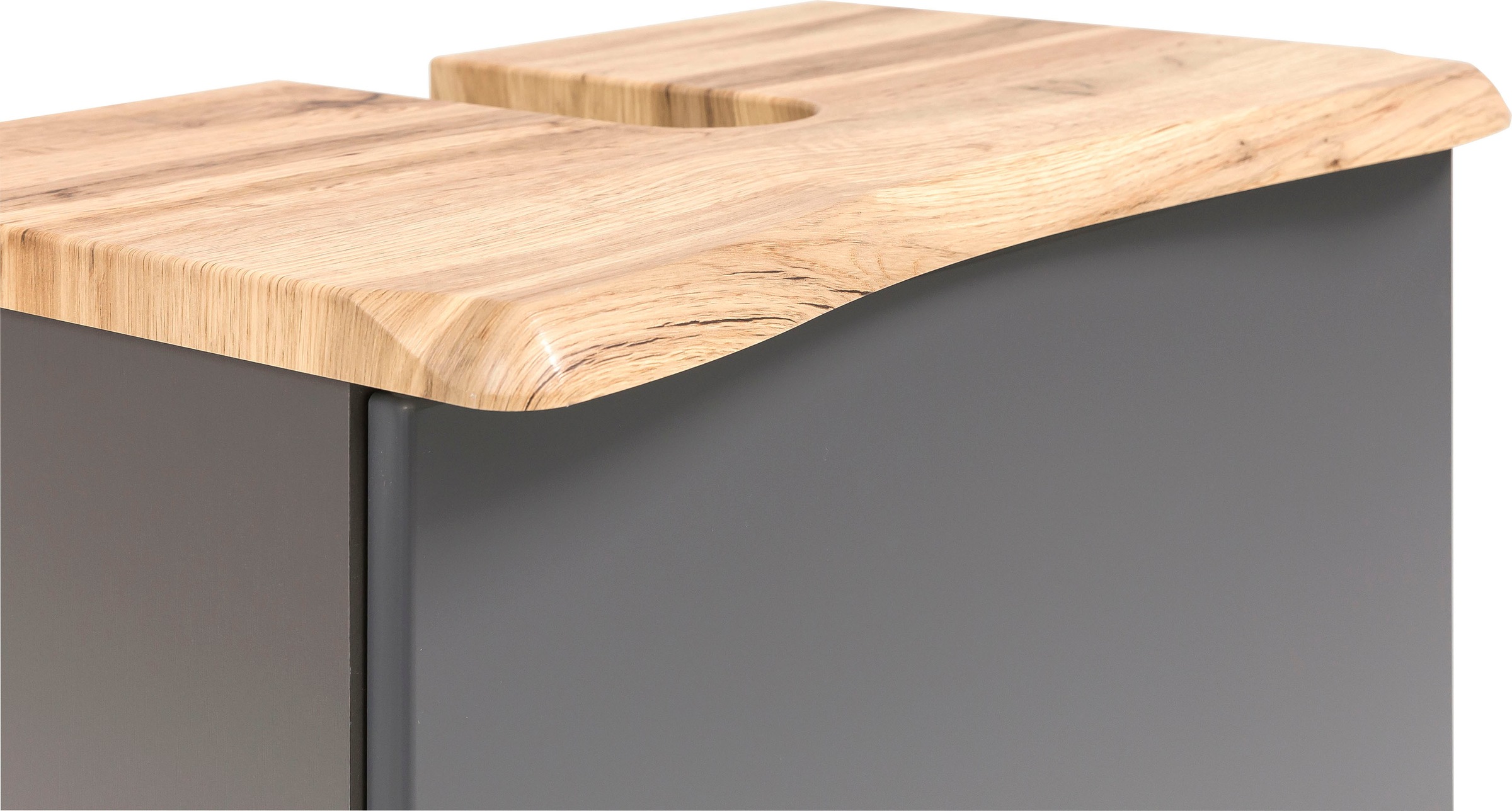 welltime Waschbeckenunterschrank »Stubach«, Bad Schrank, Abdeckplatte mit Baumkante, Breite 60 cm