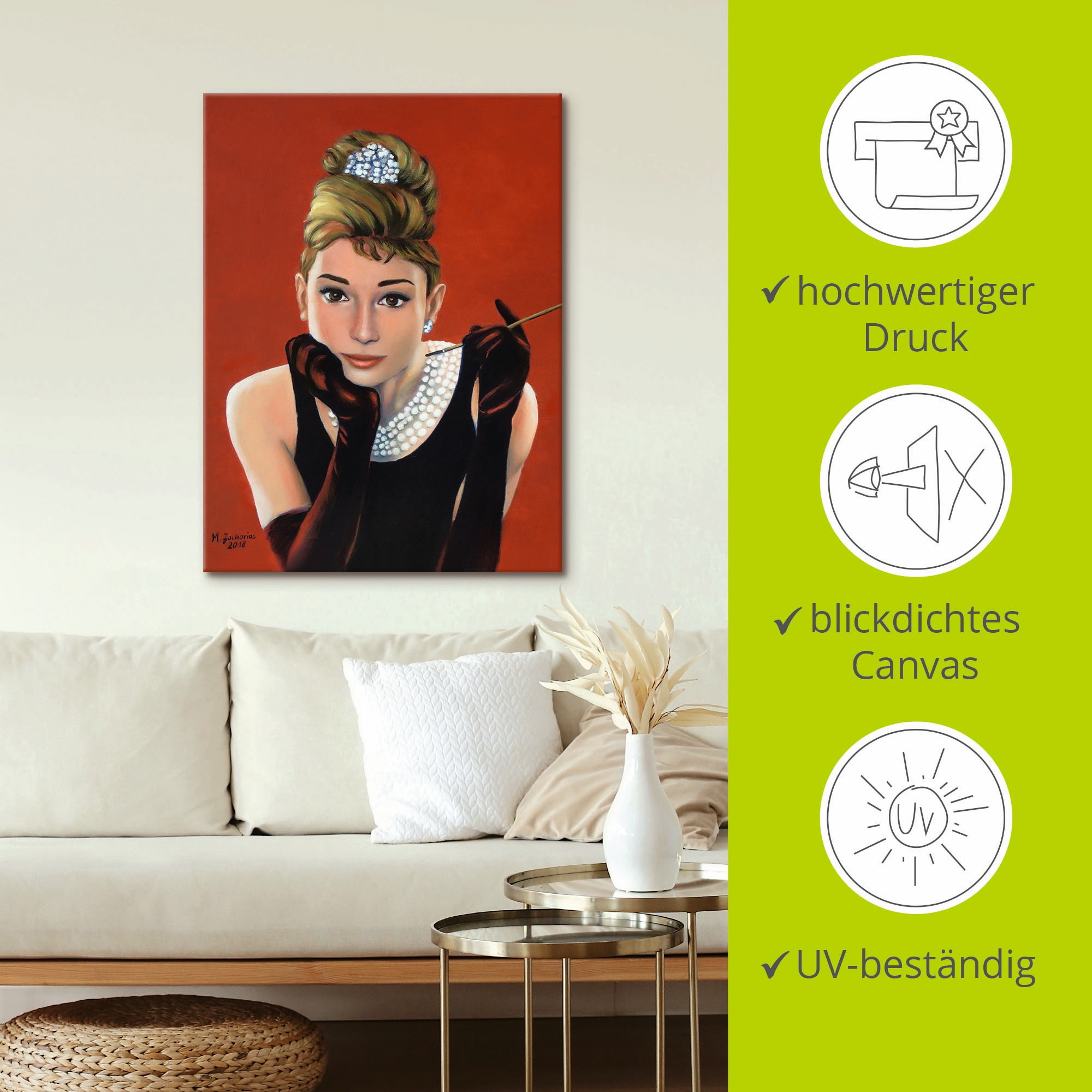 Artland Wandbild »Audrey Hepburn Porträt«, Stars, (1 St.), als Alubild, Outdoorbild, Leinwandbild, Poster, Wandaufkleber
