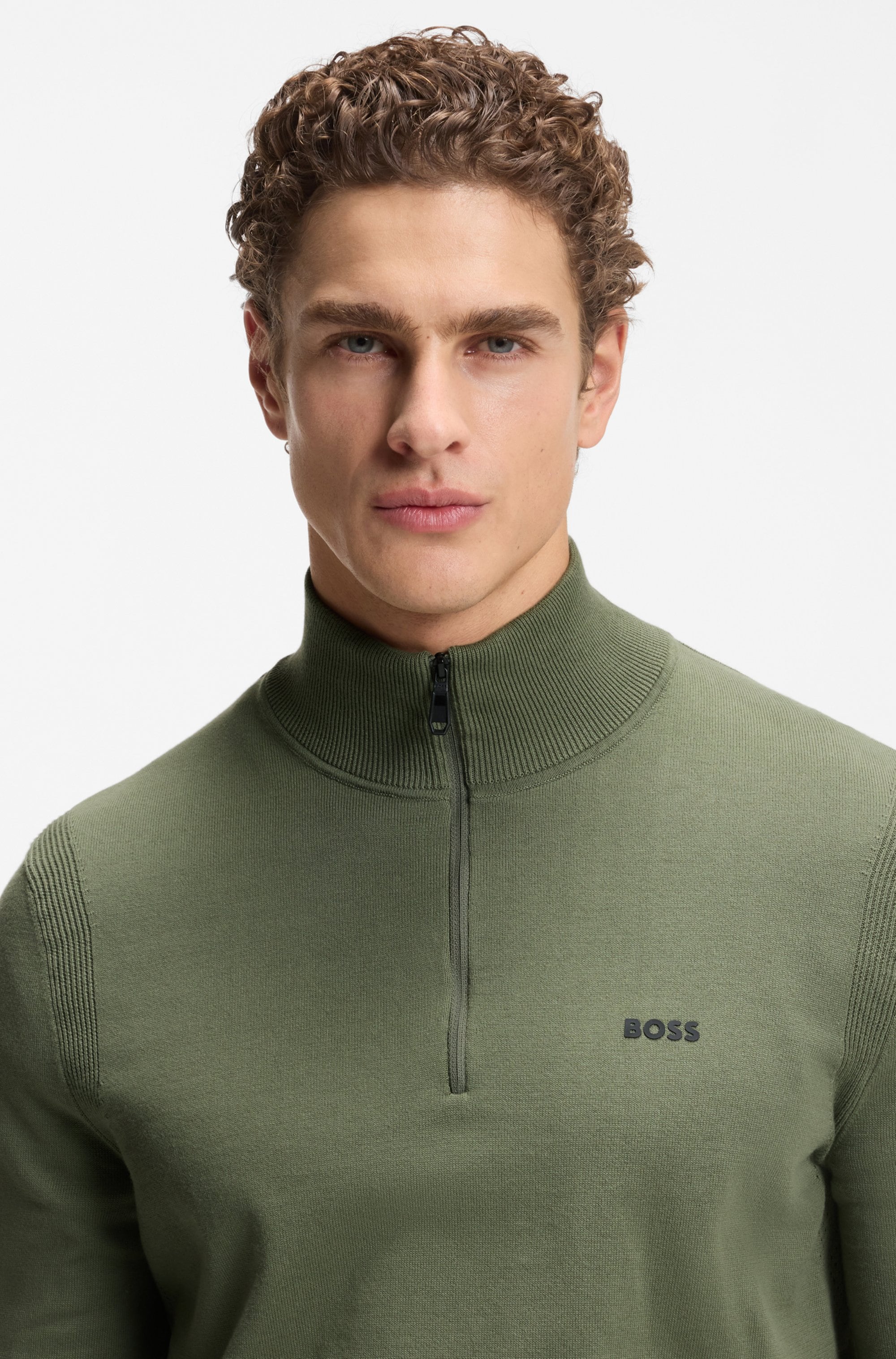 BOSS GREEN Strickpullover Stehkragen mit Reißverschluss, Regular fit, Logo-Print