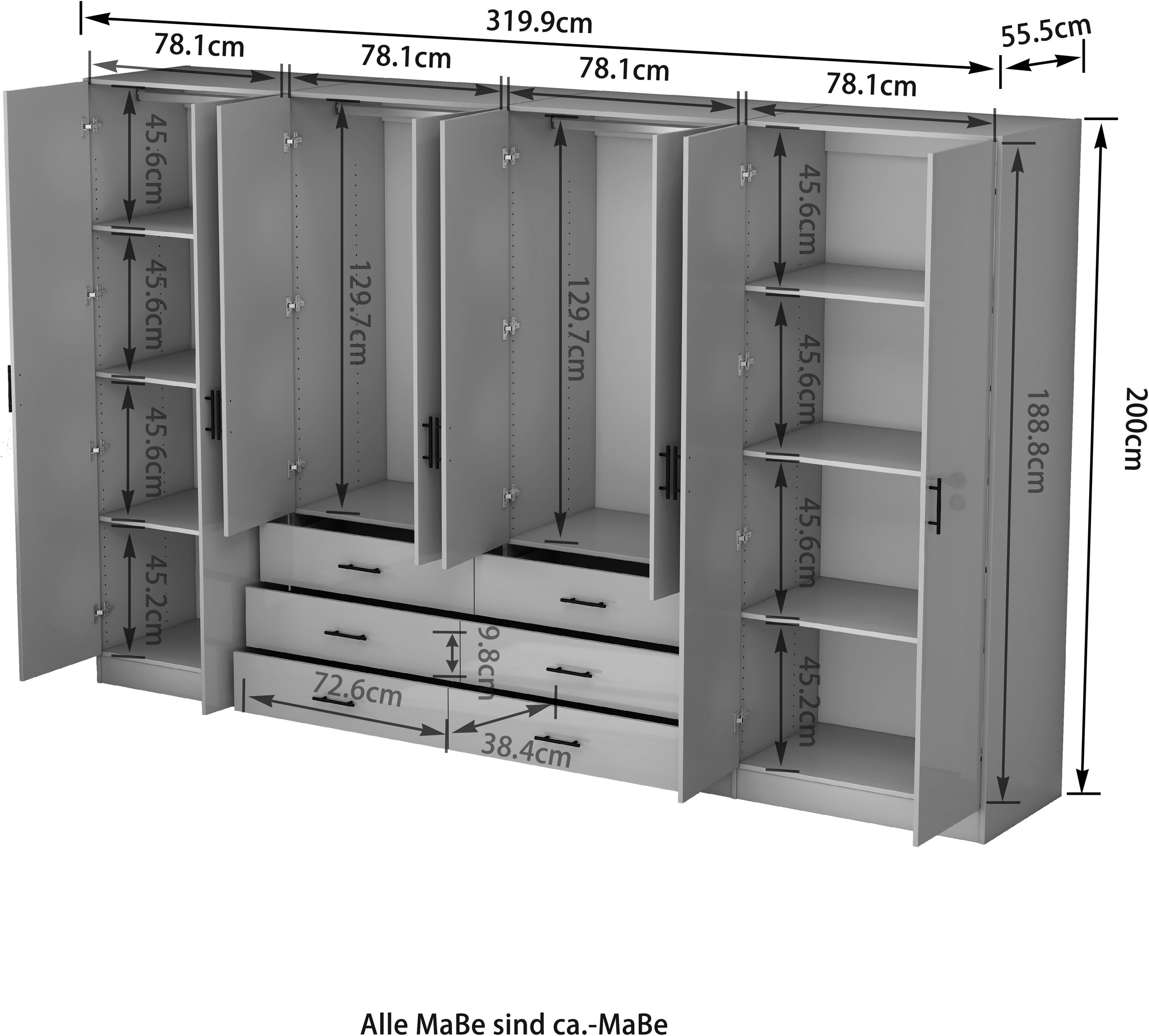 OTTO home Kleiderschrank »Trento Schlafzimmerschrank Garderobe hochglanz« Schrank mit 8 Türen und 6 Schubladen, hochglänzende Fronten