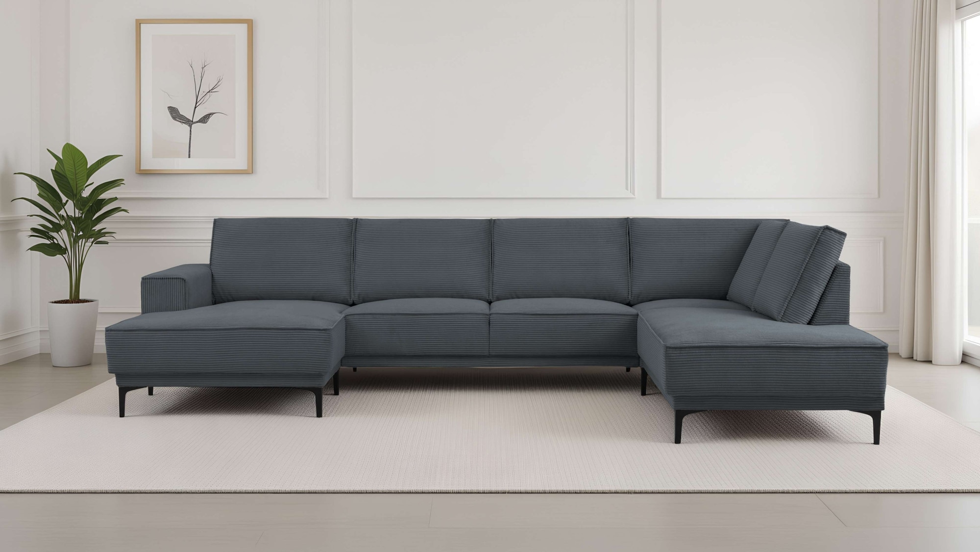 OTTO home Wohnlandschaft "OLAND Cord U-Form, XXL, B: 345 cm, Skandi-Design" U-Form, 345 cm, Wellenunterfederung, Skandi-Design, Metallfüße