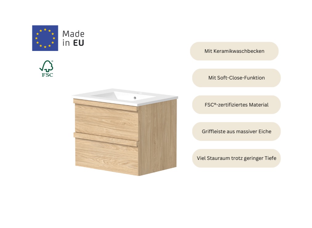 welltime Waschtisch »Pure Badmöbel Set Waschbecken mit Unterschrank«, in verschiedenen Breiten, 2 Schubladen, mit Soft-Close-Funktion, FSC®