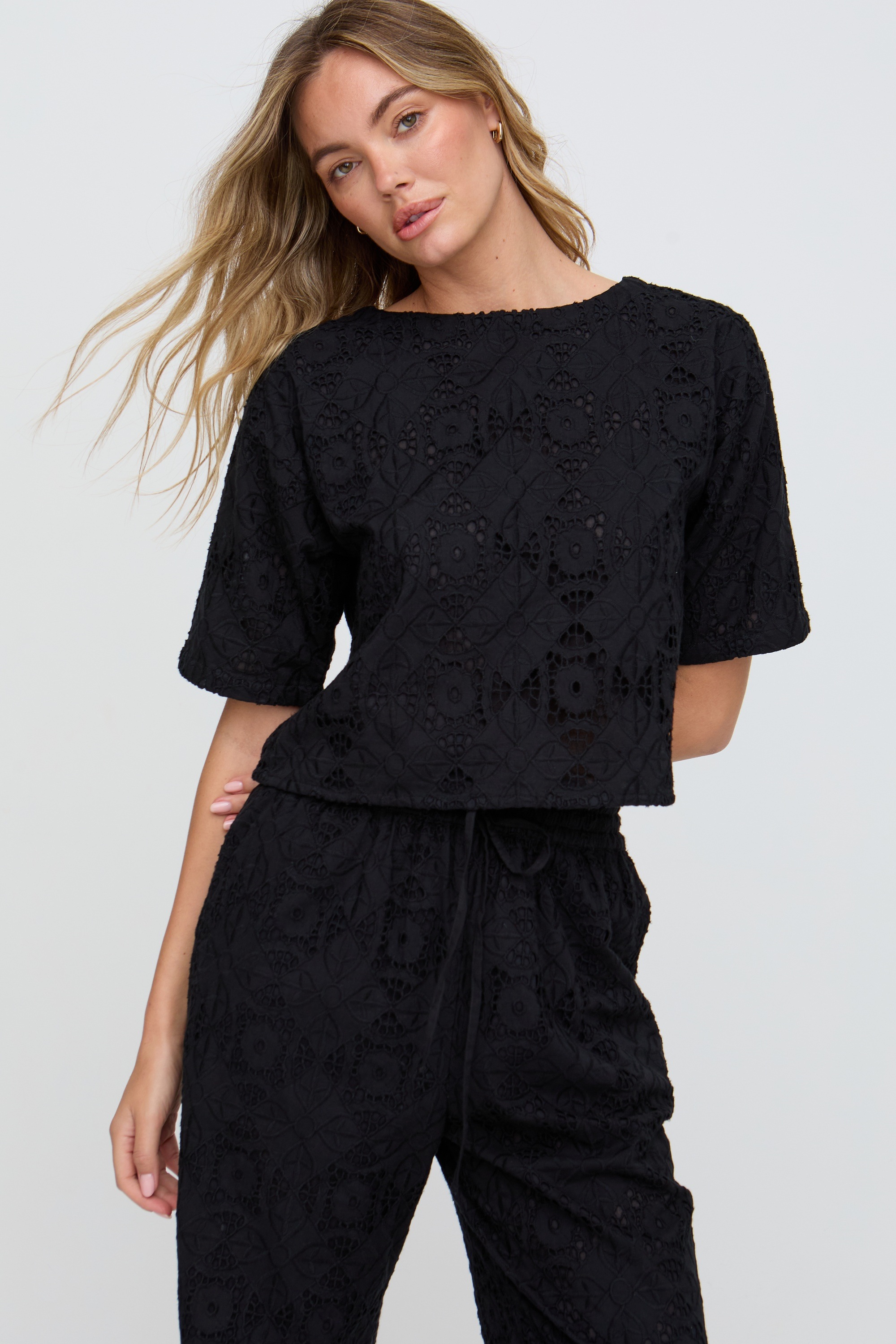 RAFFYA T-Shirt "Opal Broderie Anglaise Split Open Blouse Damen" günstig online kaufen