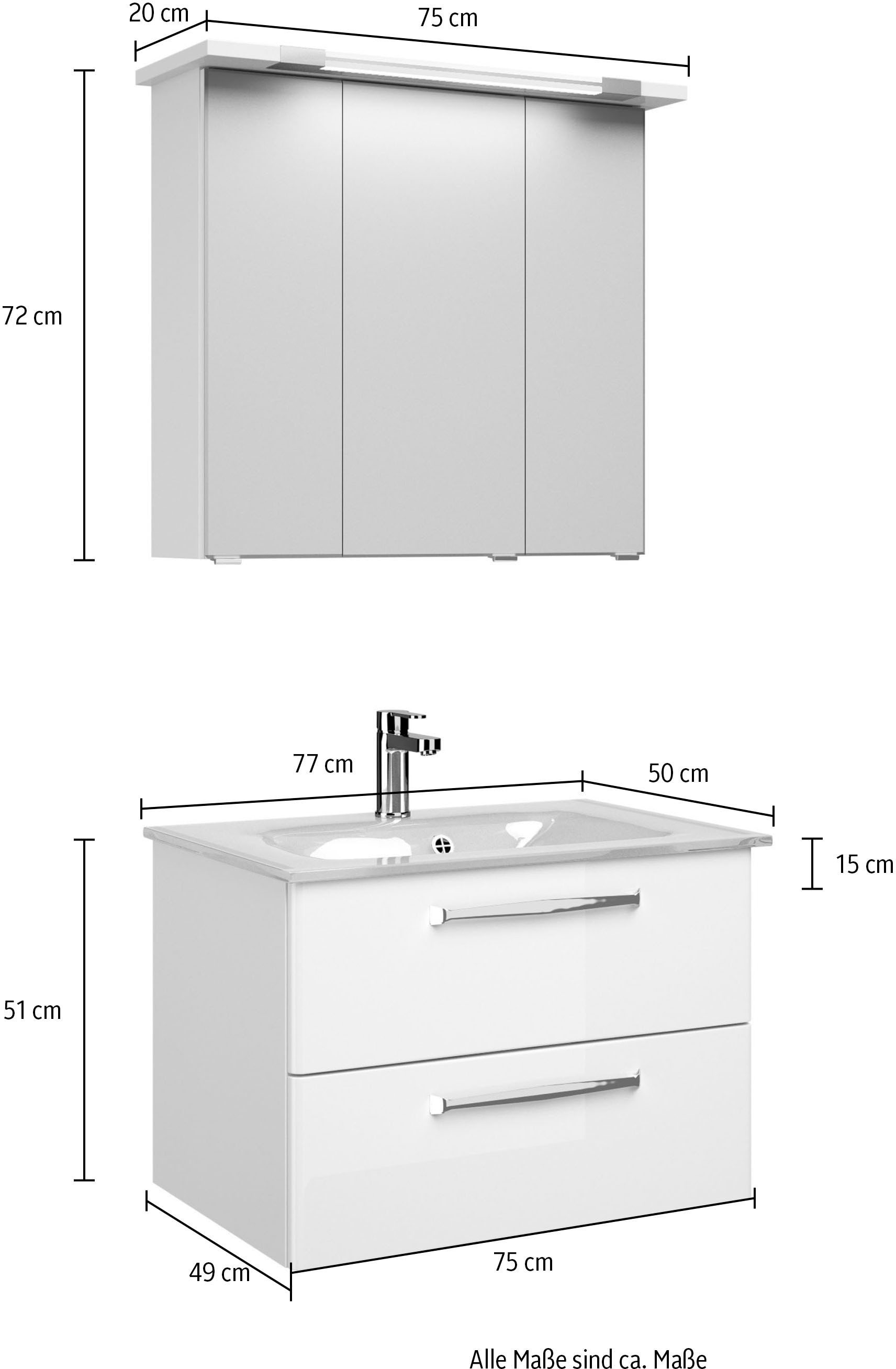 Saphir Badmöbel-Set »Trentino 2-teilig Glas-Waschtisch, Spiegelschrank mit LED-Profil«, (3 St.), Badmöbel-Set 77cm breit, inkl. Türdämpfer, 3 Türen, 2 Auszügen