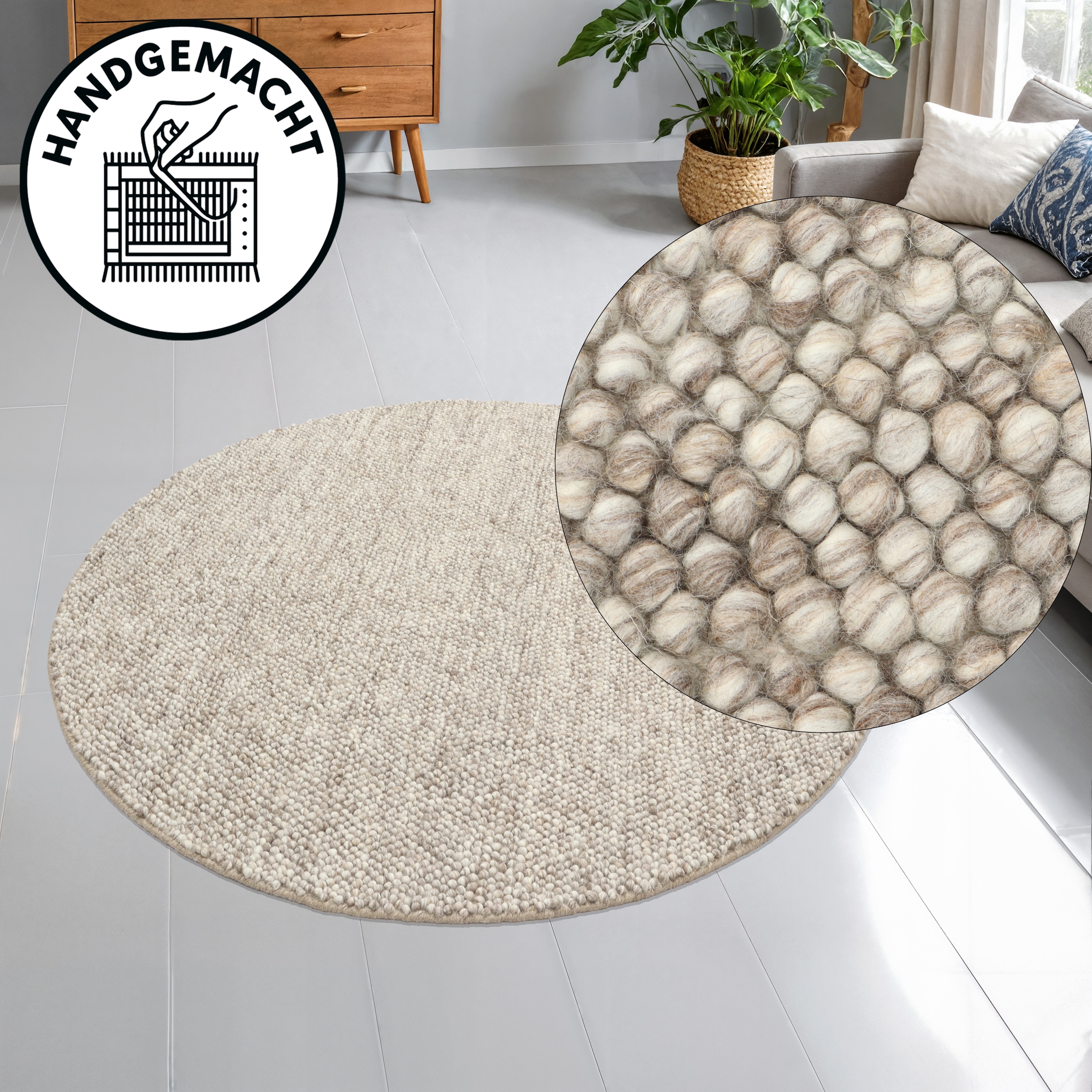 OTTO home Wollteppich "Wolly, Wolle" rund 14 mm Höhe handgewebt, Handweb Teppiche, Skandi, Wohnzimmer, Schlafzimmer